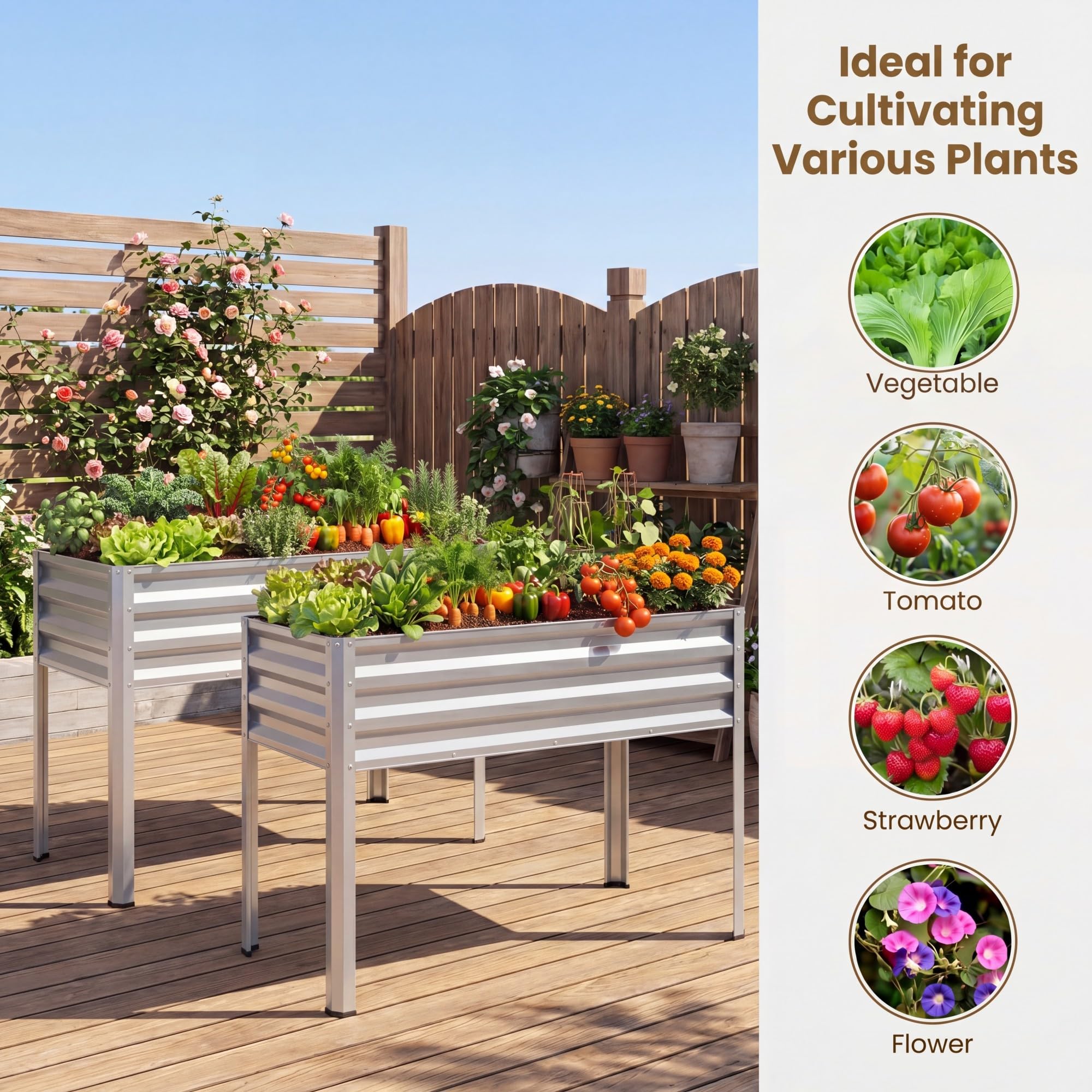 HOMASIS 142L Fioriera Rialzata da Giardino, Orto da Esterno in Metallo con Fori di Drenaggio, Altezza Ergonomica, Piedini Antiscivolo, Letto per Verdure, Fiori e Frutta, 112 x 55 x 81 cm (1, Argento)