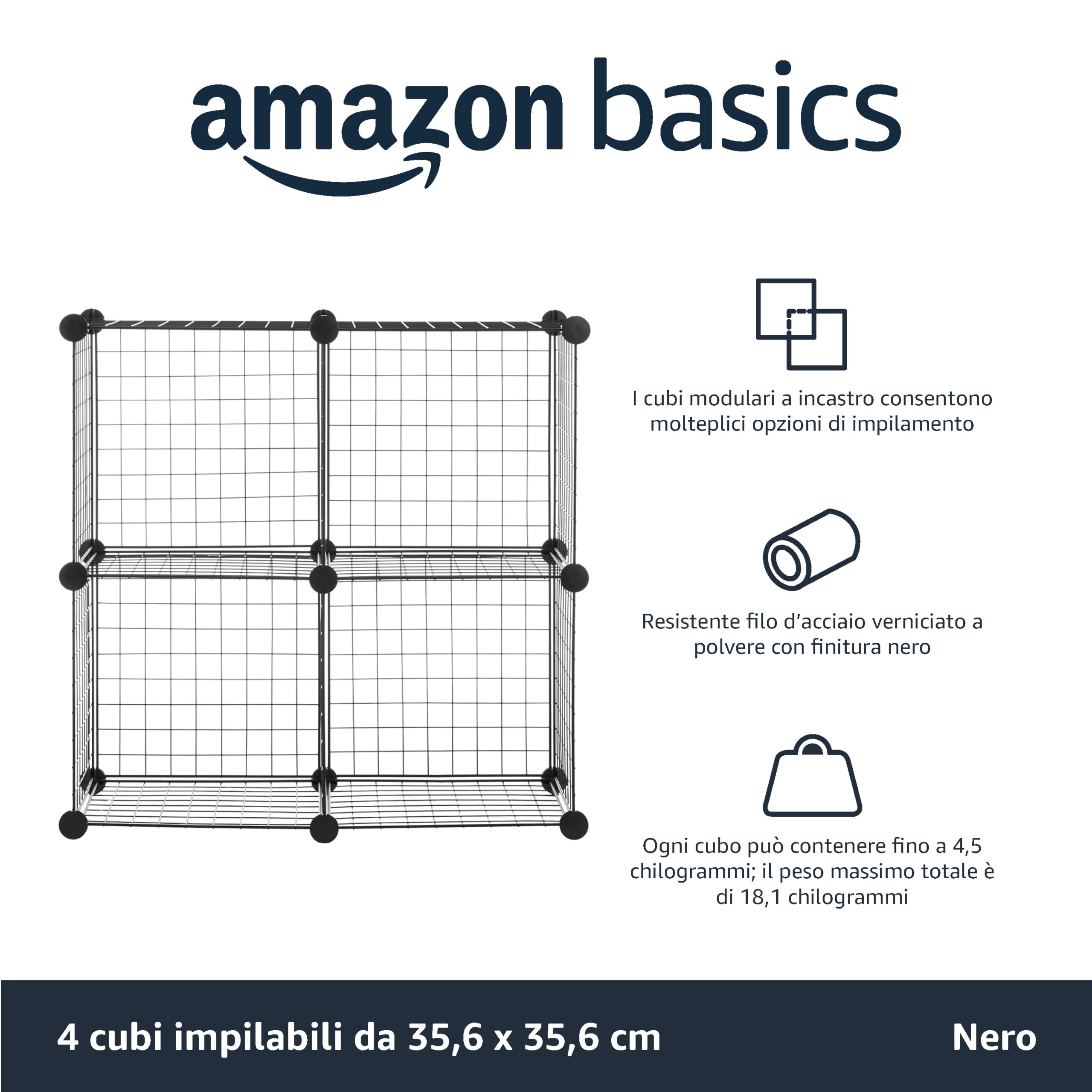 Amazon Basics Scaffalatura in filo, 4 cubi, Nero, 37 cm X 77 cm X77 cm (PxLxH)