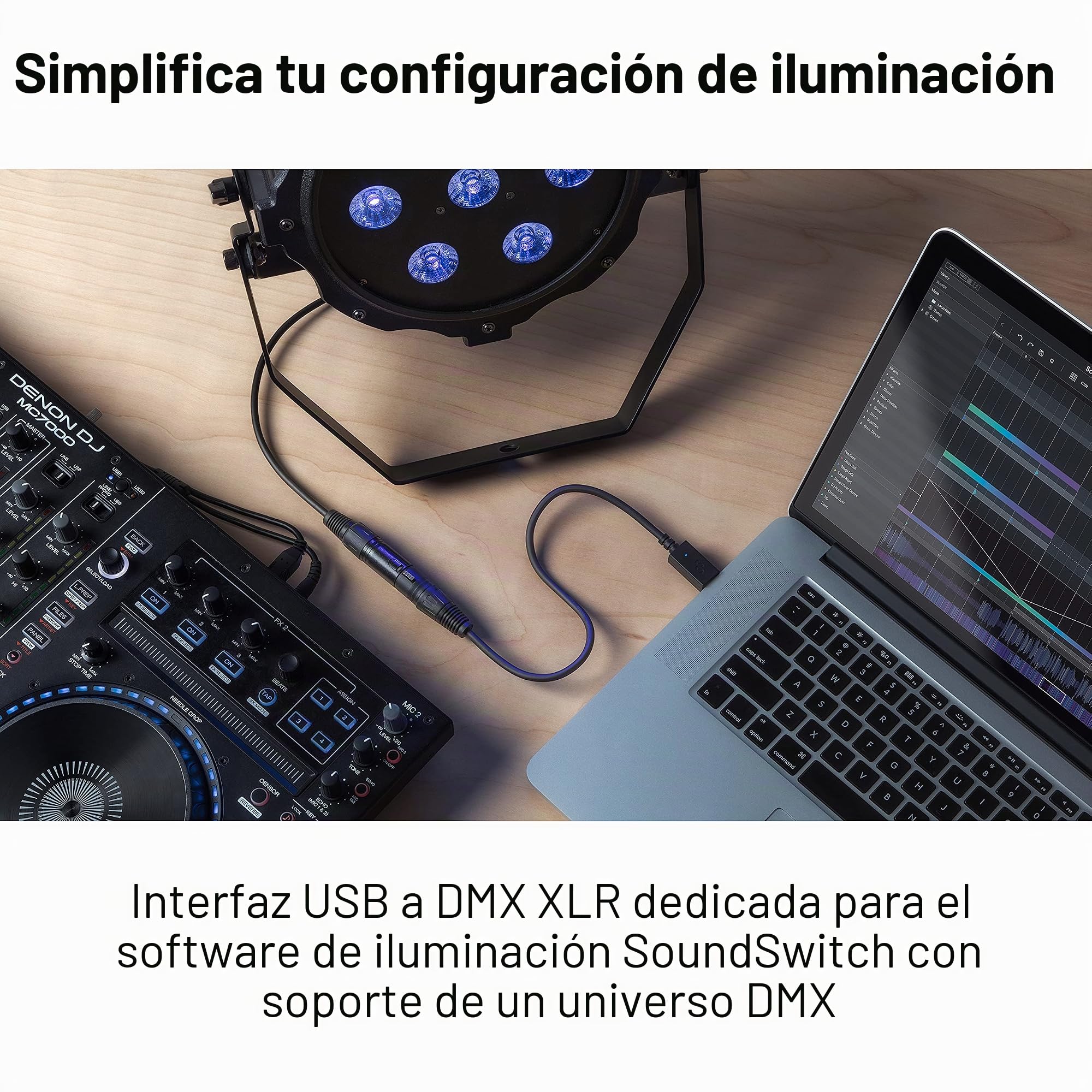 Numark Mixtrack Pro FX con SoundSwitch DMX Micro Interface – Controlador DJ de 2 secciones para Serato DJ con mezclador DJ, interfaz de audio e interfaz de USB a DMX