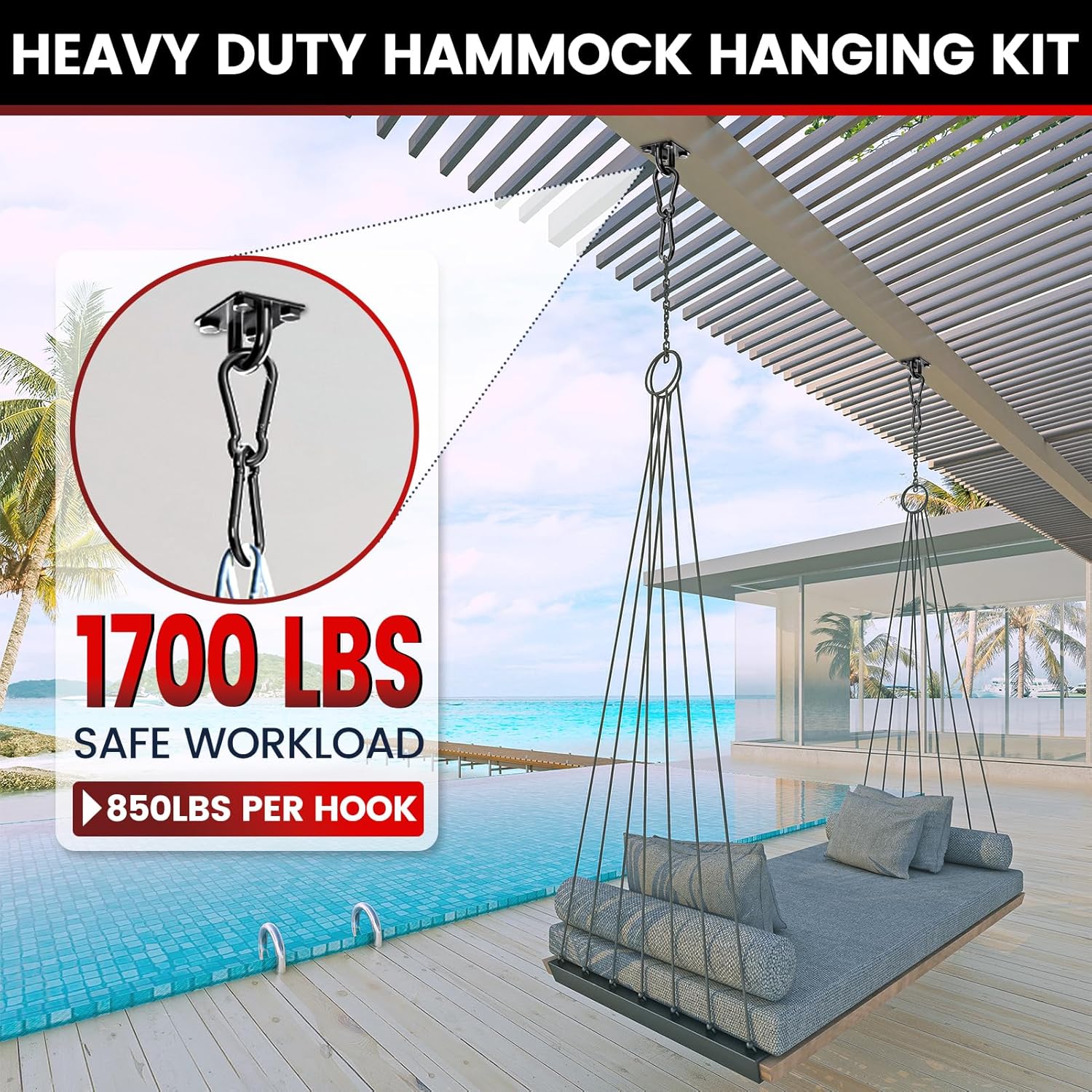 sprookber 304 Stainless Steel Pad Eye Snap Hooks, M10 Heavy Duty Ceiling Hooks, 1700lb Capacity Hammock Swing Hanging kit, Plant Hangers, Marine Hardware Staple Hook Loop with Screws, Set of 8(Black)