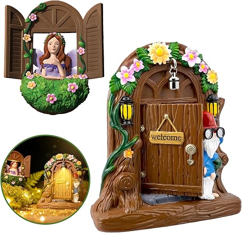 Exasinine Resin Fairy Door and Windows with Gnome Statue for Yard Garden Sculptu