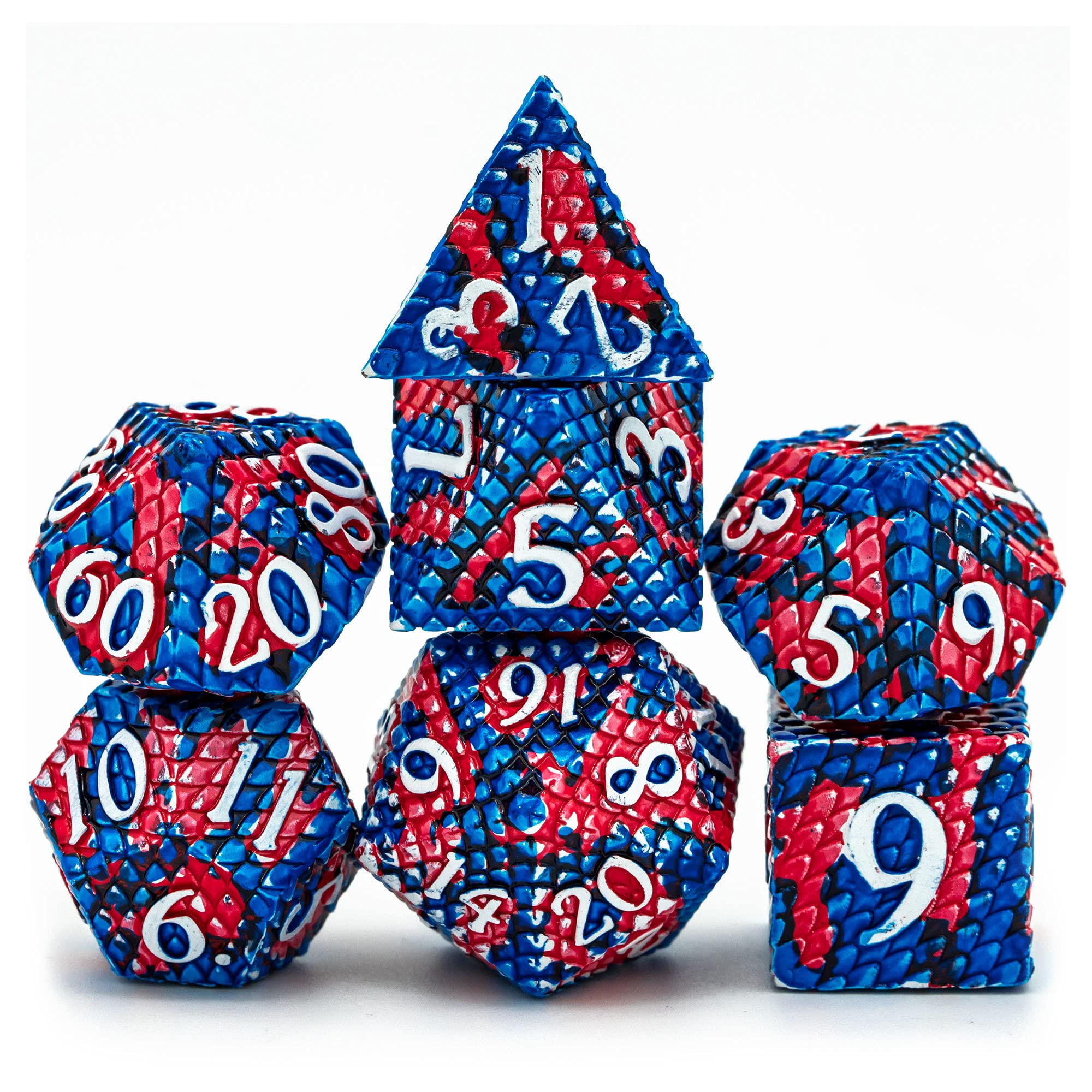 Cusdie Metal Dice Set, 7 Pcs DND Metal Dice, Dragon Scale Polyhedral Dice Set, for Role Playing Game D&D Dice (Red/Blue w/White Numbers)