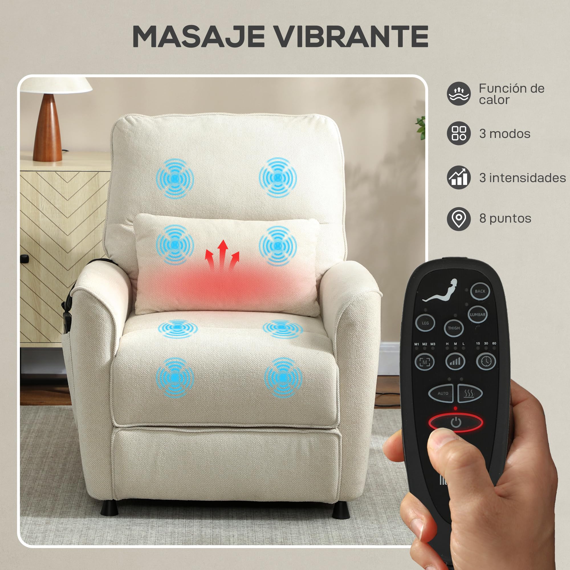 HOMCOM Poltrona Relax Reclinabile Elettrica, con Calore Lombare e Massaggio Vibrazione, Poltrona Massaggio Relax, Motore Silenzioso, Funzione Memoria, Tasche Laterali, Cuscino, Telecomando con USB