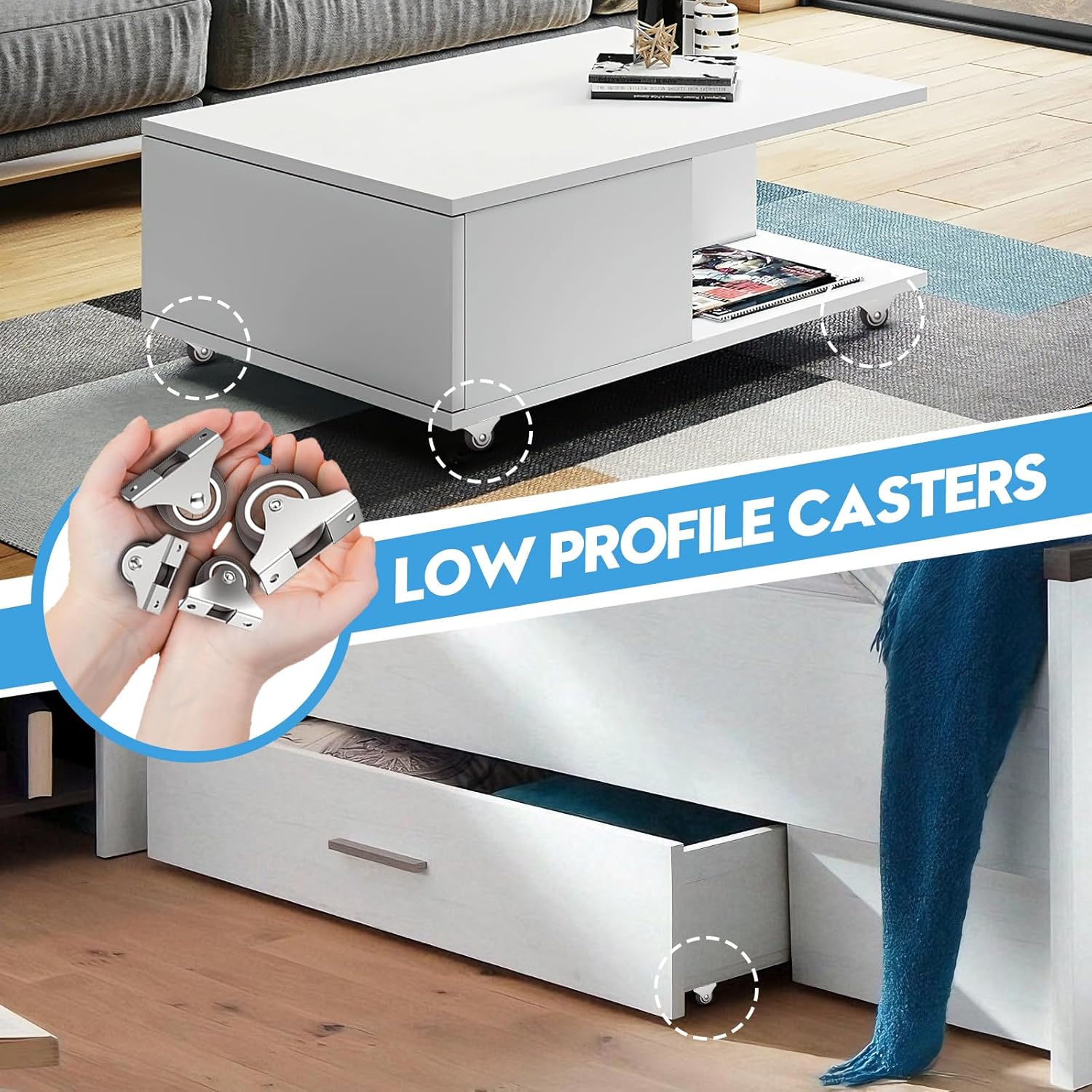 1 Inch Fixed Caster Wheels Low Profile Rubber Casters for Furniture Drawer Storage Bin Silver 8PCS