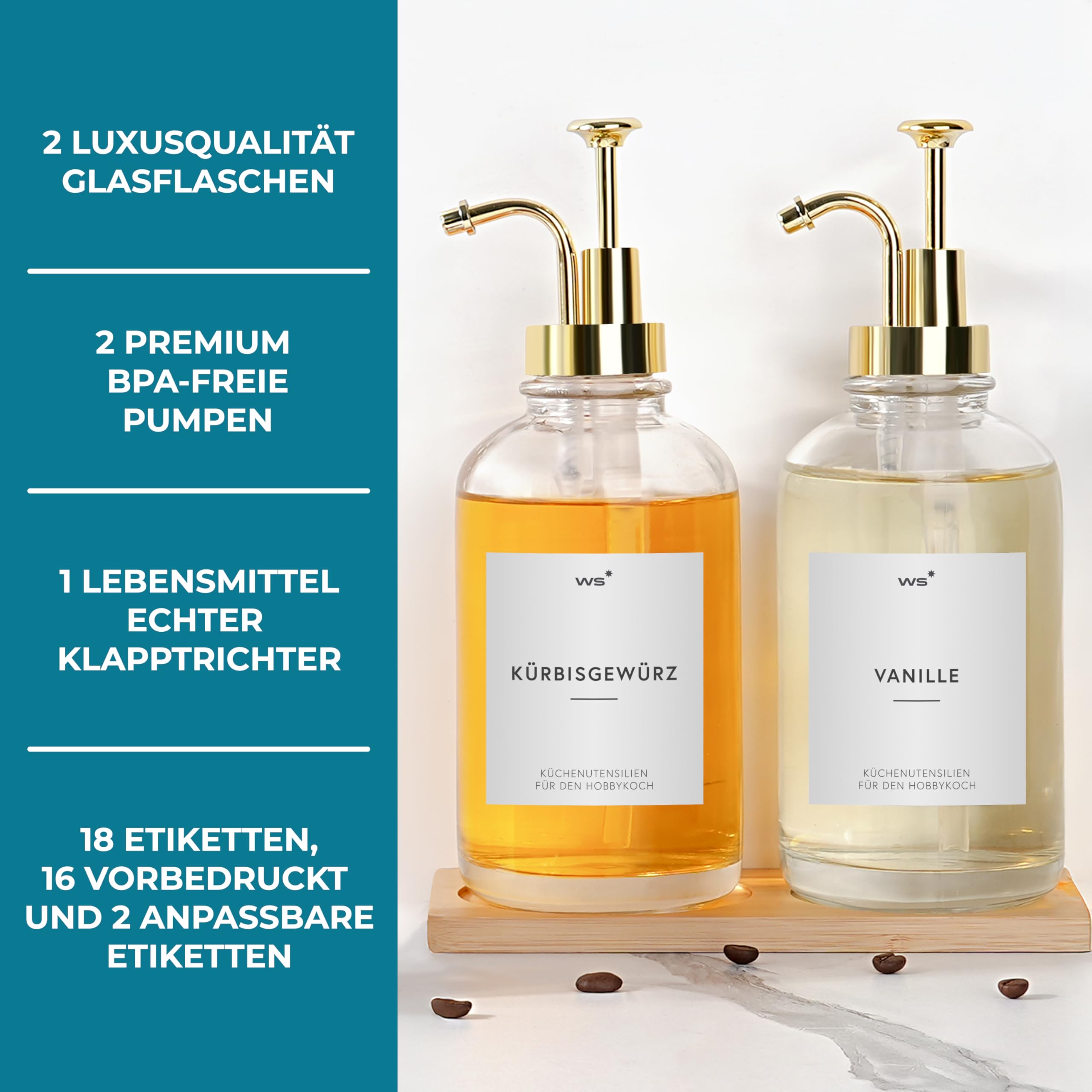Winter Shore Sirup Pumpspender Glas mit Etiketten (2er-Pack) - Einfacher Sirup Spender Glas - Kaffee Sirup Flaschen - Pumpflasche Glas - Pumpspender Sirup für Kaffeebar