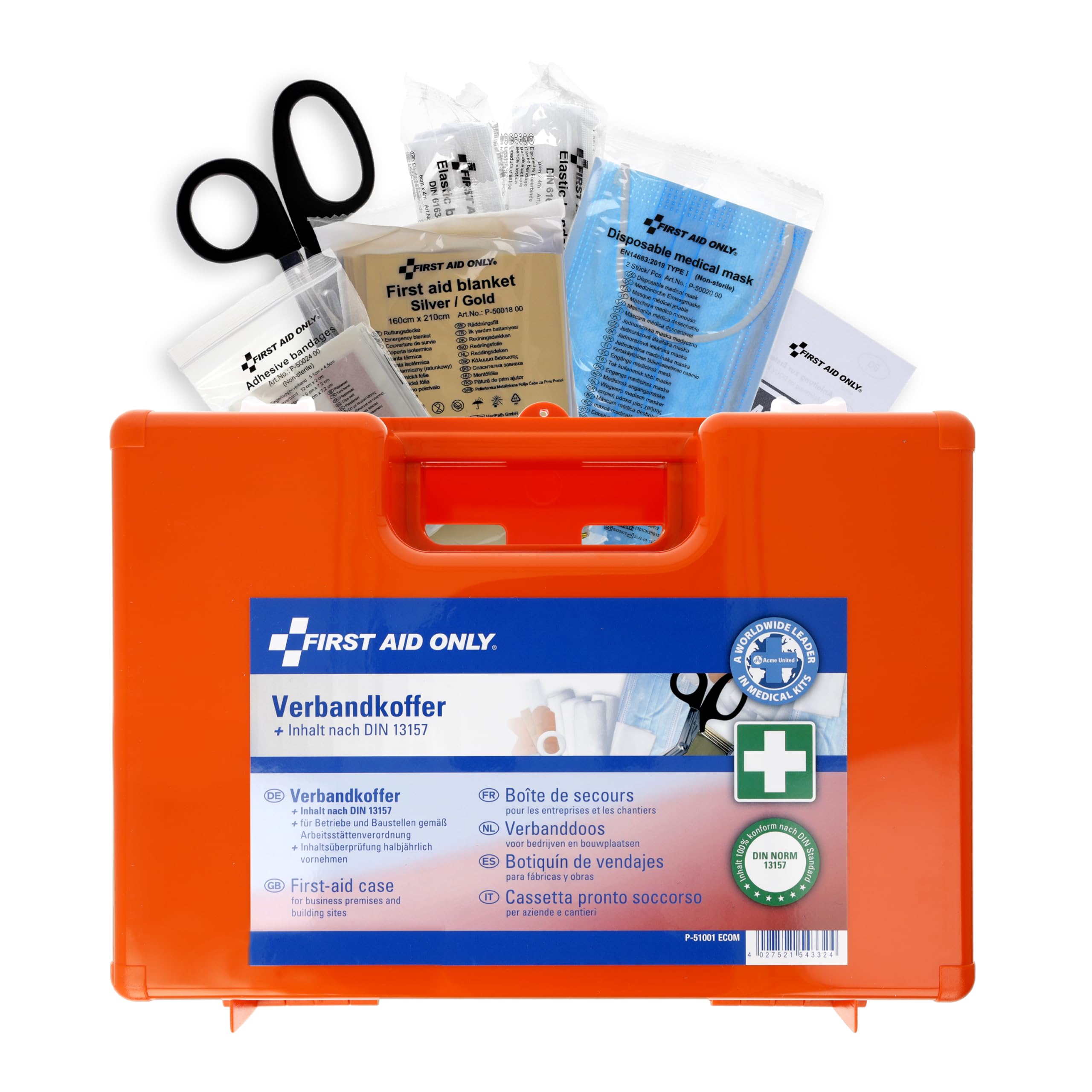 First Aid Only Erste Hilfe Koffer DIN 13157 mit Wandhalterung | Verbandskasten für Betriebe und Haushalte gefüllt nach DIN 13157:2021 | Tragegriff, Montagematerial und 90°-Arretierung | P-51001 00