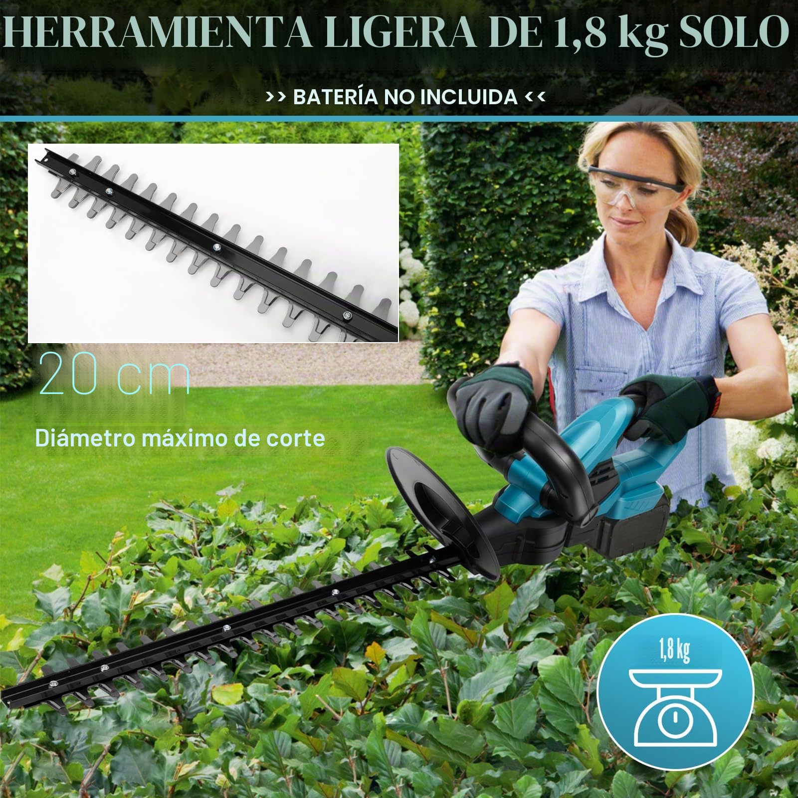 Cortasetos inalámbrico de 20" con 2 baterías de 2000 mAh, Tijeras de Mano para arbustos y césped, 2000 RPM
