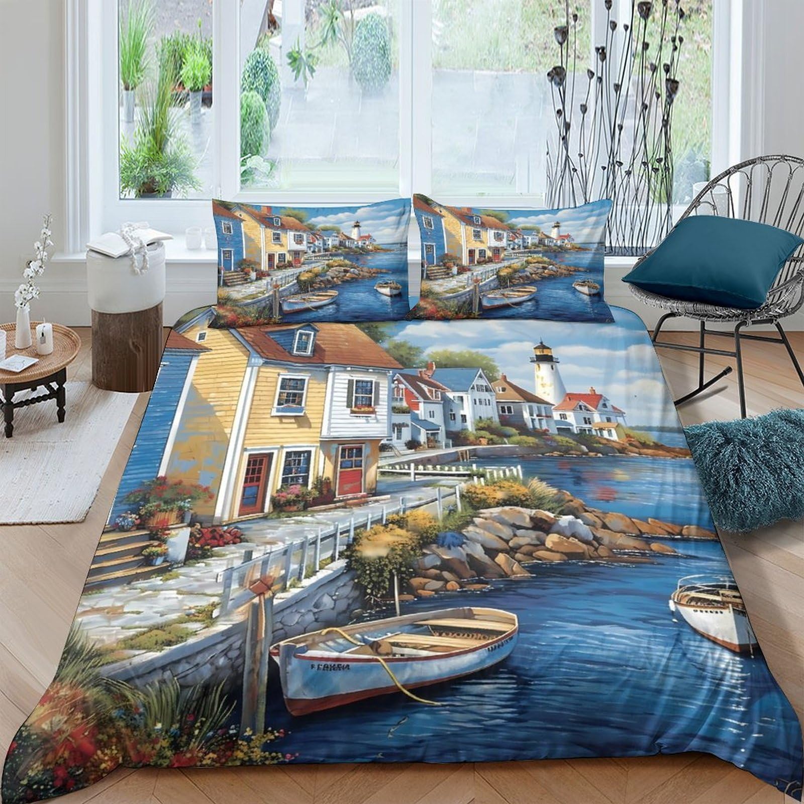 Ctjqhvkz Style-7 3D Printed Seaside Village Fitted Sheet Microfiber Soft Breathable Harbor Boats Mattress Cover For Bedroom Guestroom Decor Single（135X200cm）
