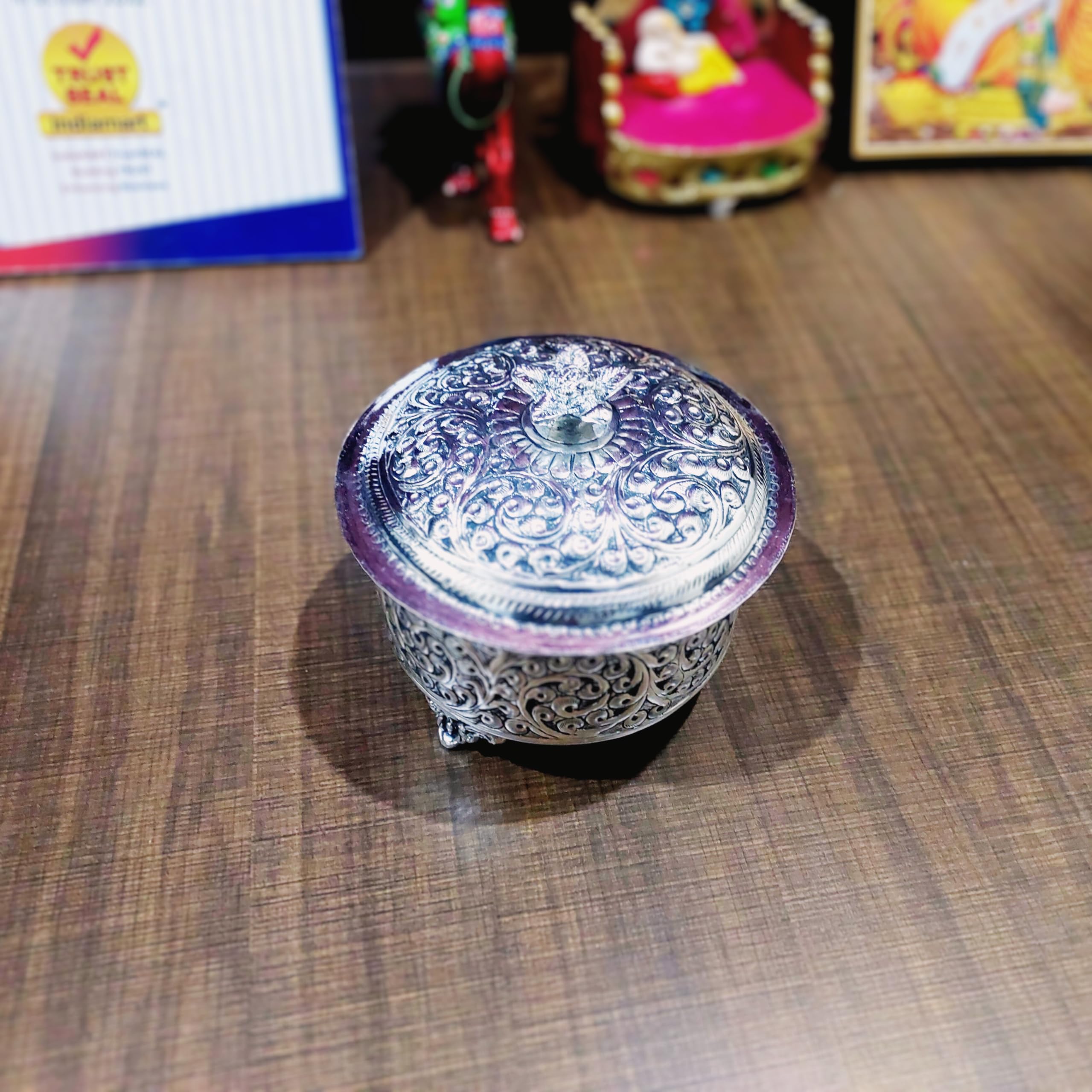 German Silver Hand-Engraved Dryfruit Box with Flower Lid - Vintage Style Box for Serving Snacks & Dry Fruits - 5" W x 3" H