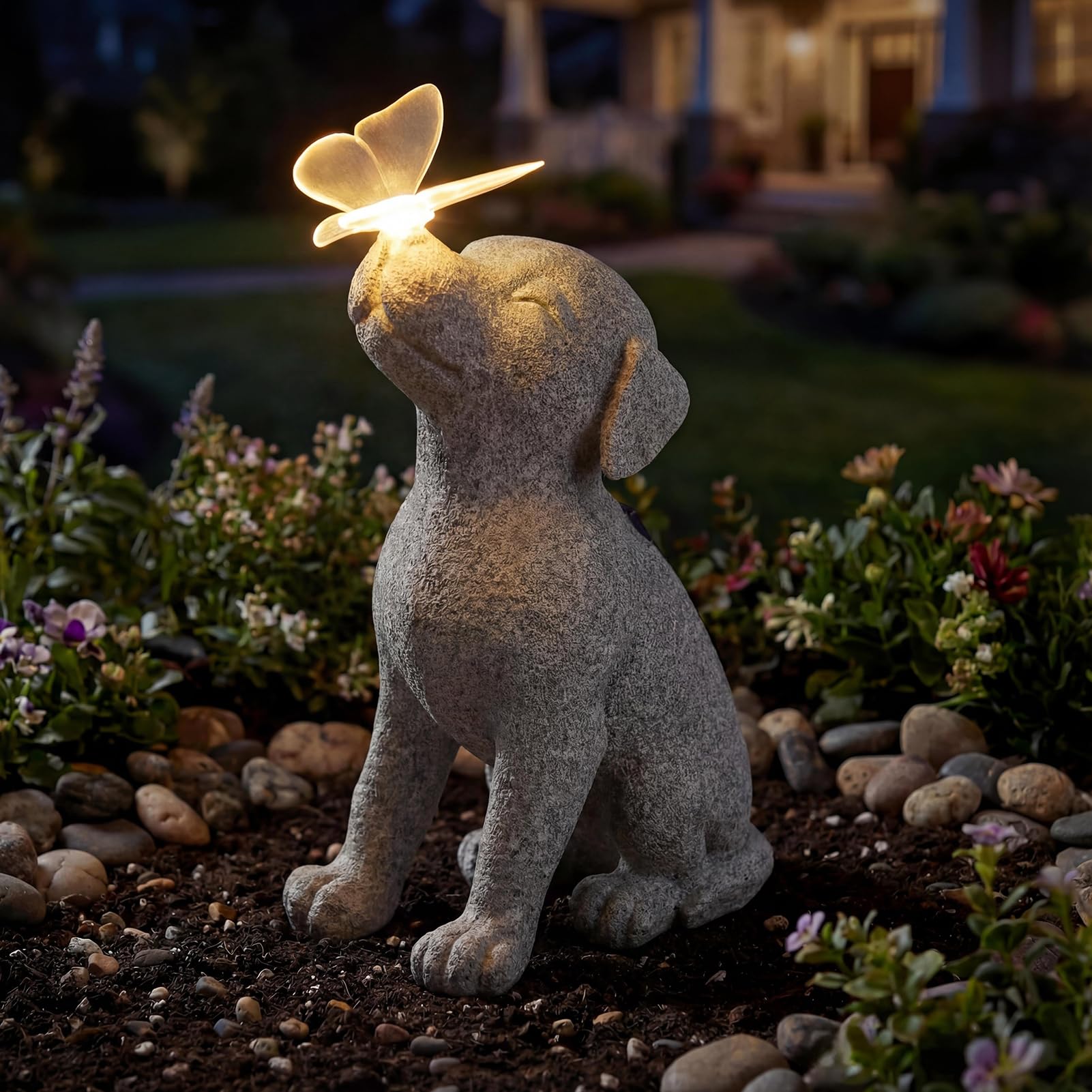 Photo 1 of ***MISSING BUTTERFLY **** Lyeasw Dog Solar Statues with Butterfly - Waterproof Gray Dog Garden Decor for Patio, Yard, Porch- Cute Puppy Figurines with Solar LED Lights for Outdoor Decor, Pet Memorial Gift