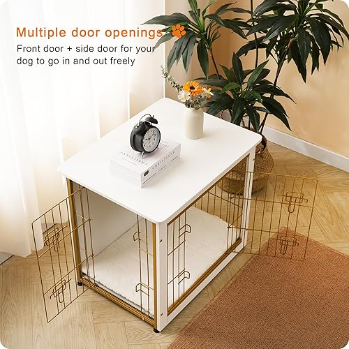 Vista 163 de DWANTON Mueble de jaula para perros con cojín, caja de madera para perros con puertas dobles, muebles para perros, perrera de interior, mesa Negro