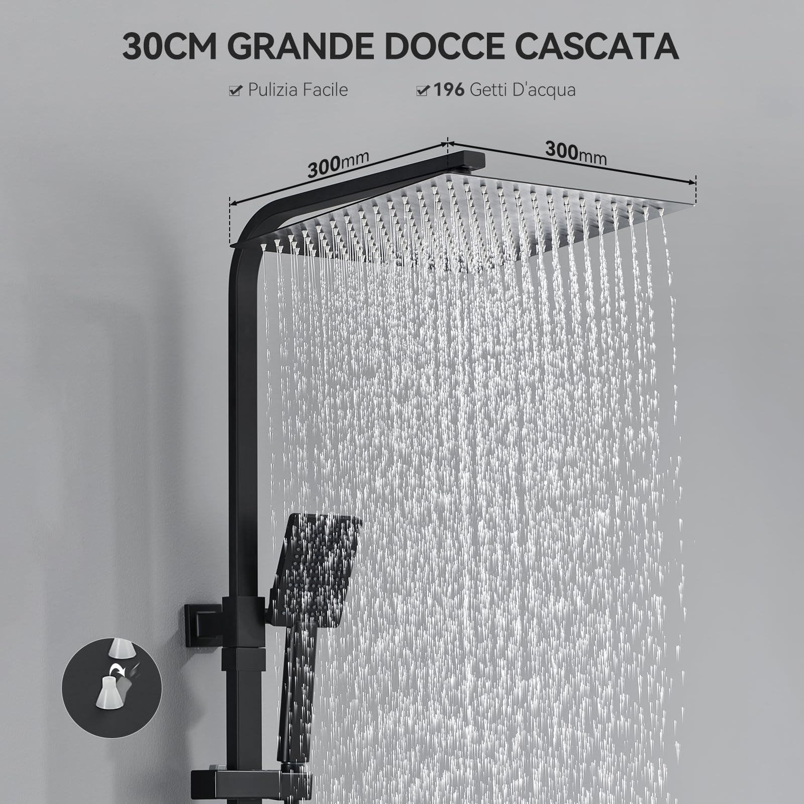 Auralum Colonna Doccia con Miscelatore Termostatico, Miscelatore Doccia Esterno Ottone, Colonna Doccia Nera con 30x30cm Soffione Doccia e Doccetta, Asta Saliscendi Doccia Altezza Regolabile 80-124cm
