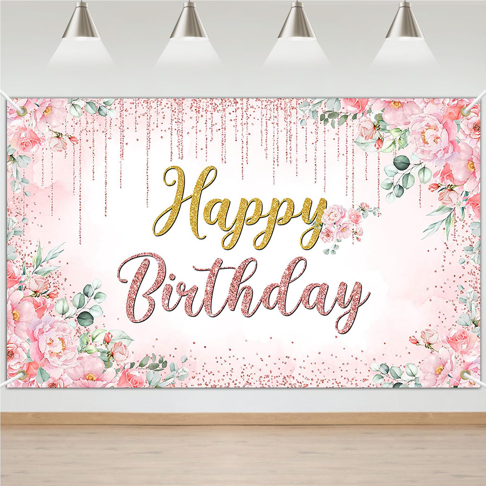 Avezano Happy Birthday Backdrop Banner for Girls Women Happy Birthday Banner Floral Glitters Happy Bday Background Party Supplies 70.8 x 43.3 Inch