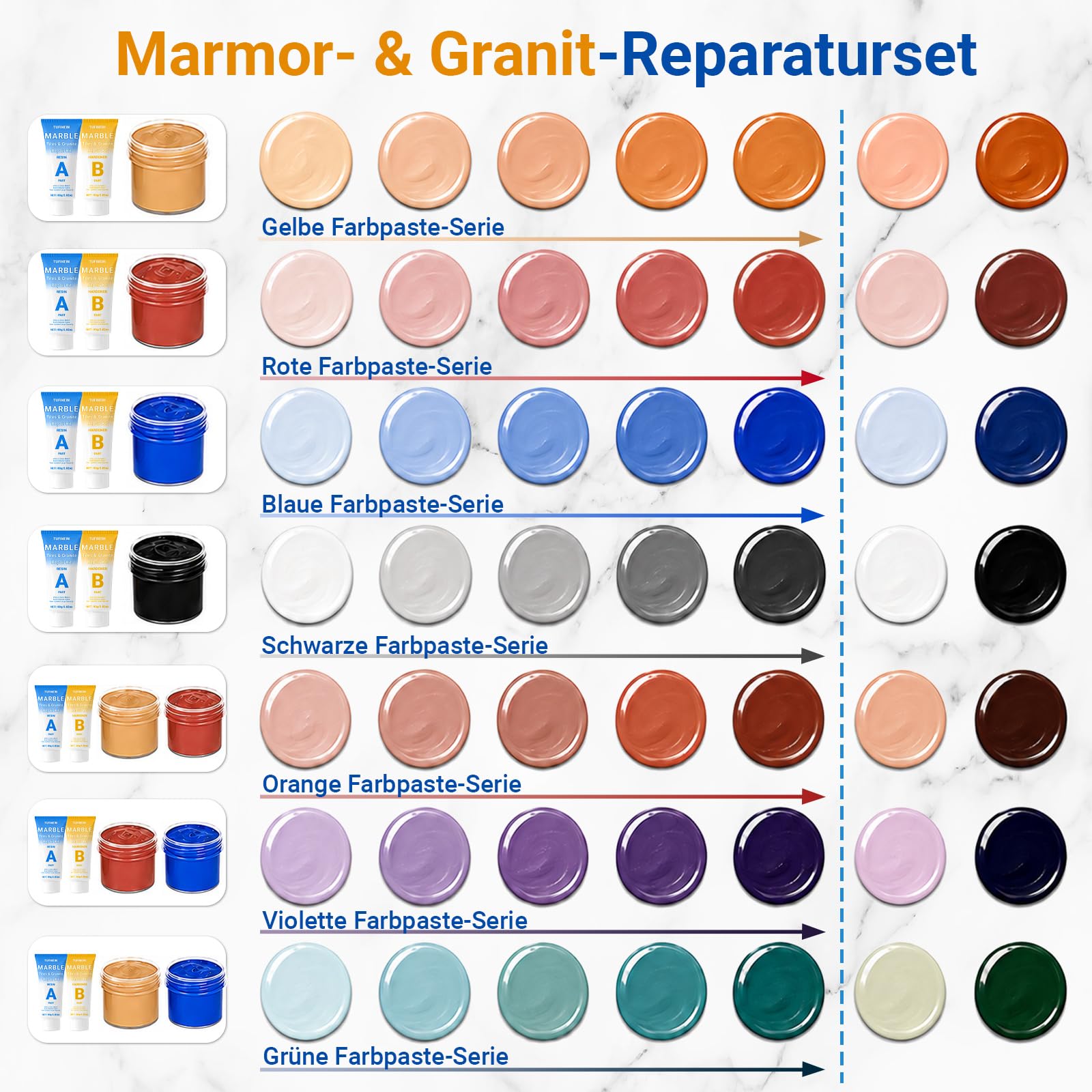 Marmor Reparaturset 160g/5.64oz, Fliesenreparaturset für Granit Quarz Acryl Keramikstein Arbeitsplatte, Füllen von Löchern Chips Rissen Kratzern und Dellen (Farbabstimmung)