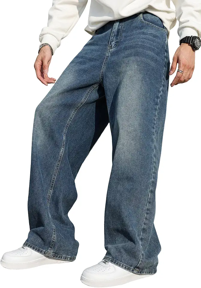 DFGIGT Mens Baggy Jeans Distressed Wide Leg Denim Pants Casual Loose Fit Trousers Streetwear