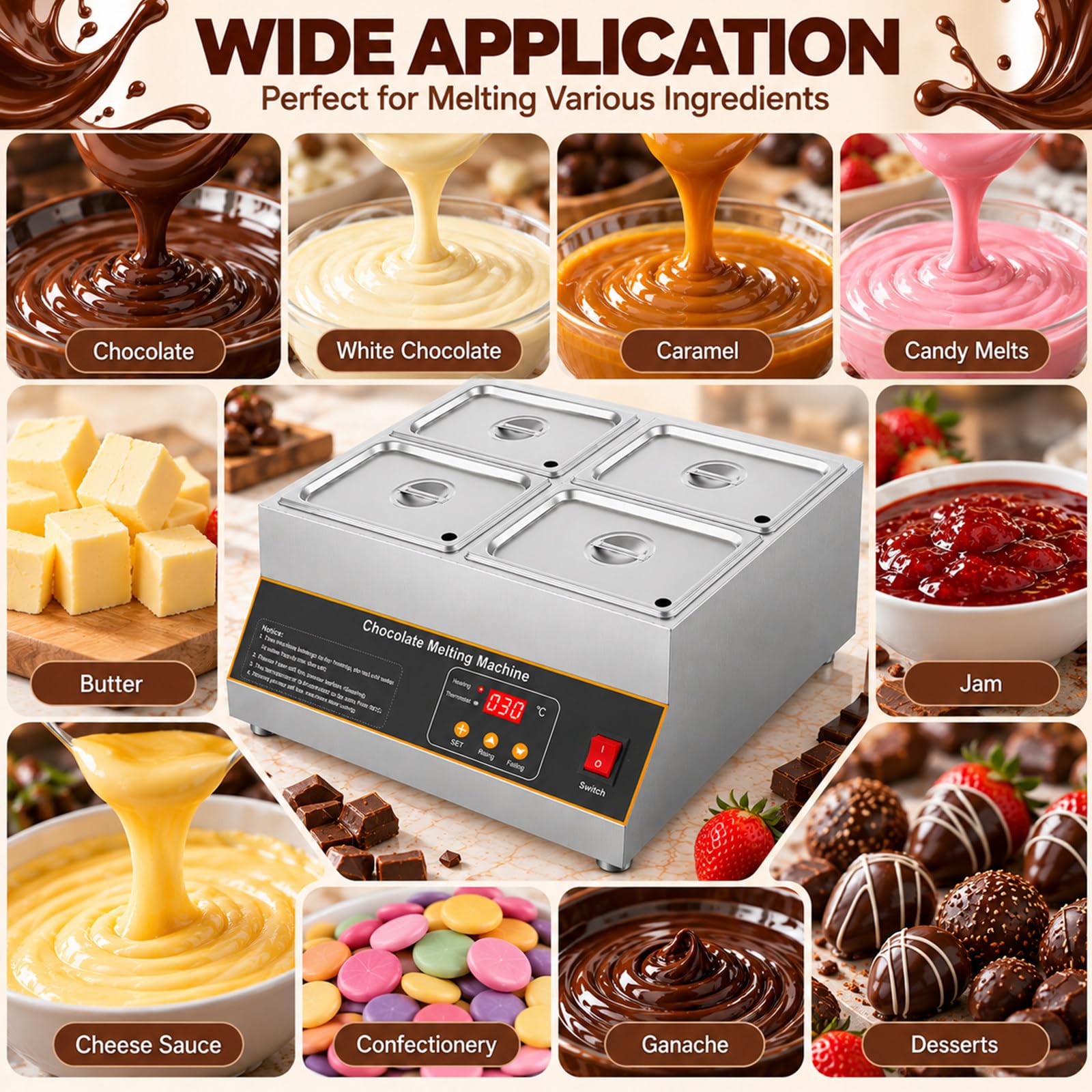 Macchina per Fusione di Cioccolato in Acciaio Inox 12kg, 500W 4-Tank