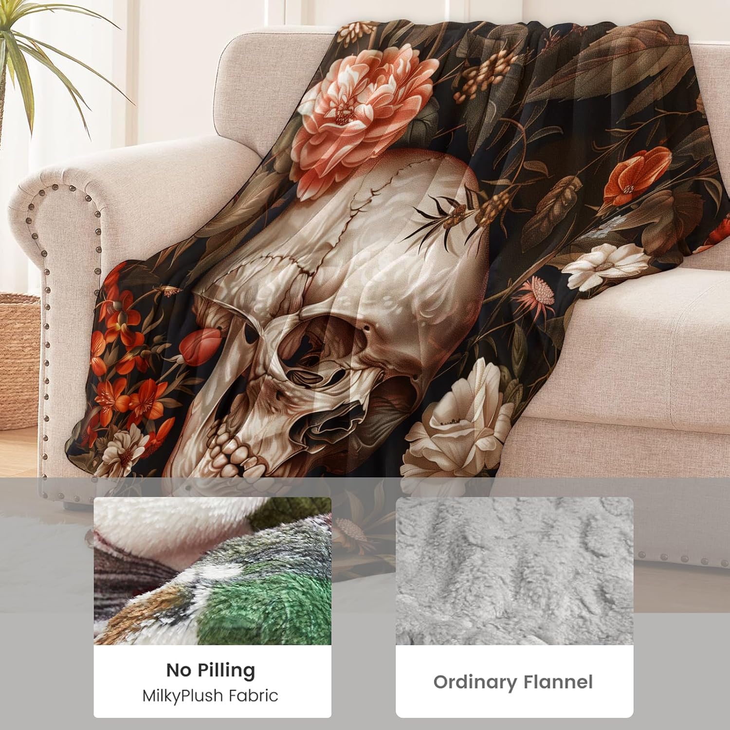 Gothic Skull Floral Blanket for Women, Flannel Goth Romantic Blankets Gifts, Flower Botanical and Skeleton Throws for Sofa Couch Bed Living Room, Soft Warm Cozy Halloween Decor 60" x 50" - Image 5