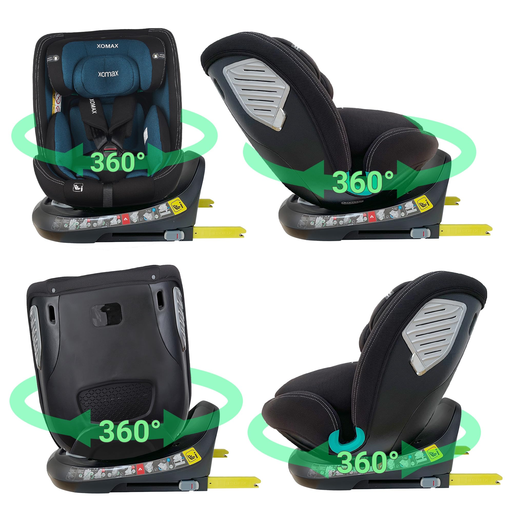 XOMAX G409 Siège enfant rotatif à 360°, support, ISOFIX, évolutif, 0-36 kg, 0-12 ans, groupe 0+/1/2/3, harnais 5 points, harnais 3 points, housse lavable, ECE R129 (bleu-noir)