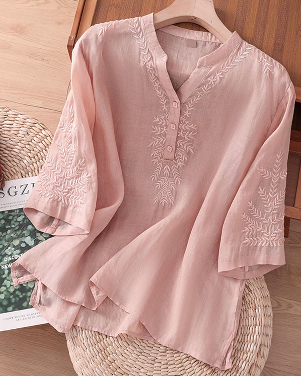 Women's Cotton Linen V neck Button Down 3/4 Lantern Sleeve Tunic Embroidered Tops Blouse - Image 3