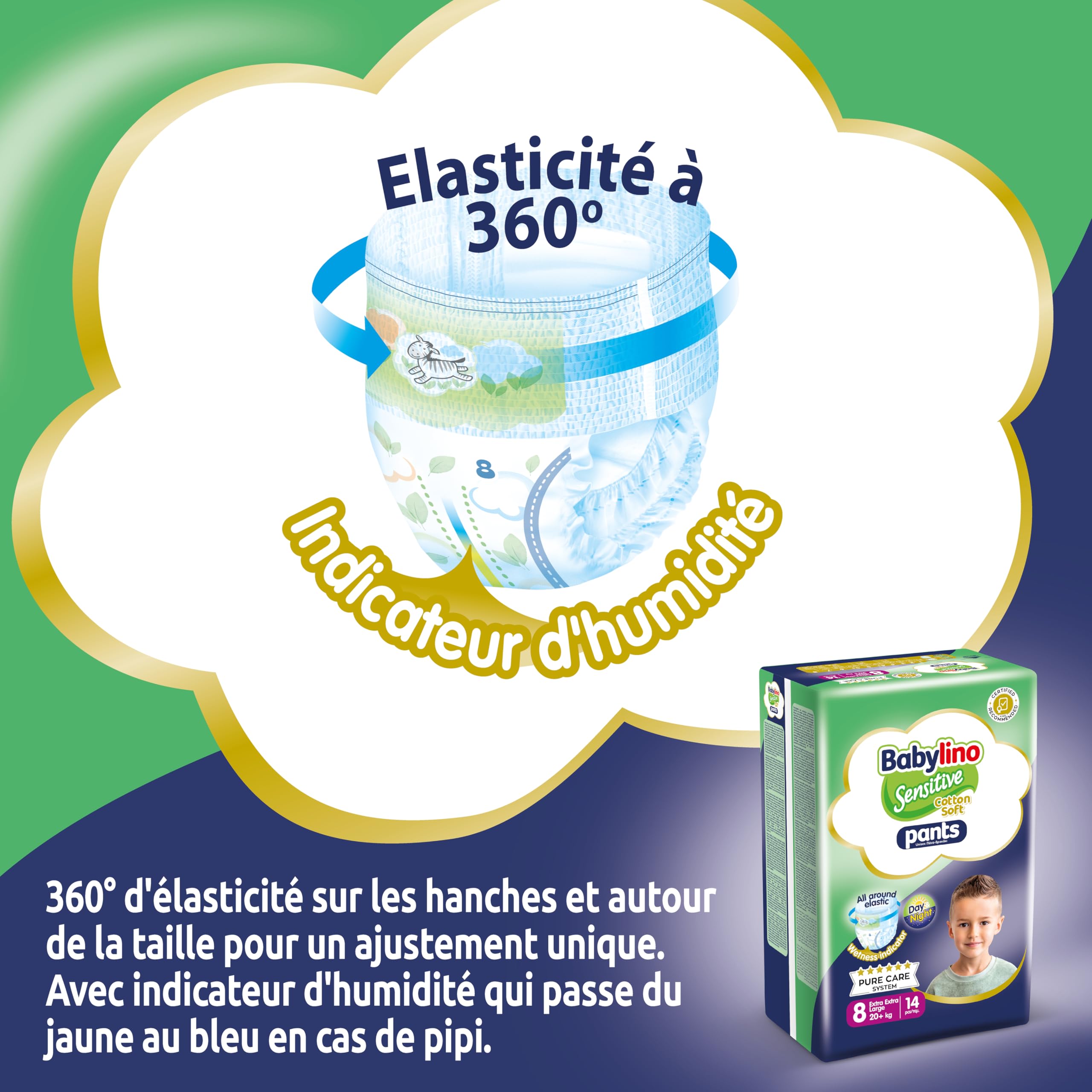 Babylino Sensitive Cotton Soft, 14 Couches Culottes, Taille 8 (20+ Kg)