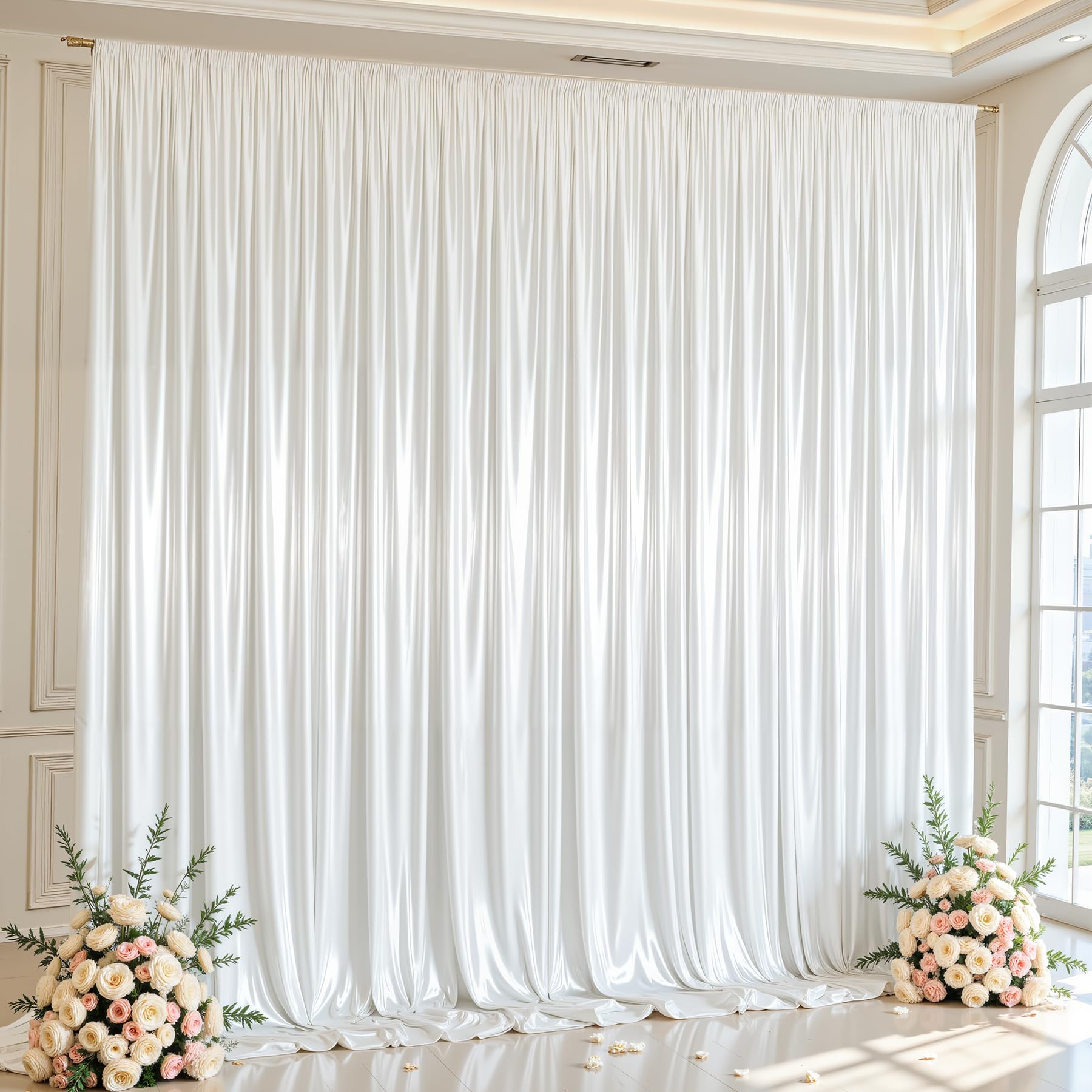 10x10ft White Glitter Backdrop Curtain for Parties, Wrinkle Free Satin Photo Backdrop Drapes 2 Panels 5x10FT Shimmer Back Drop Cloth for Wedding