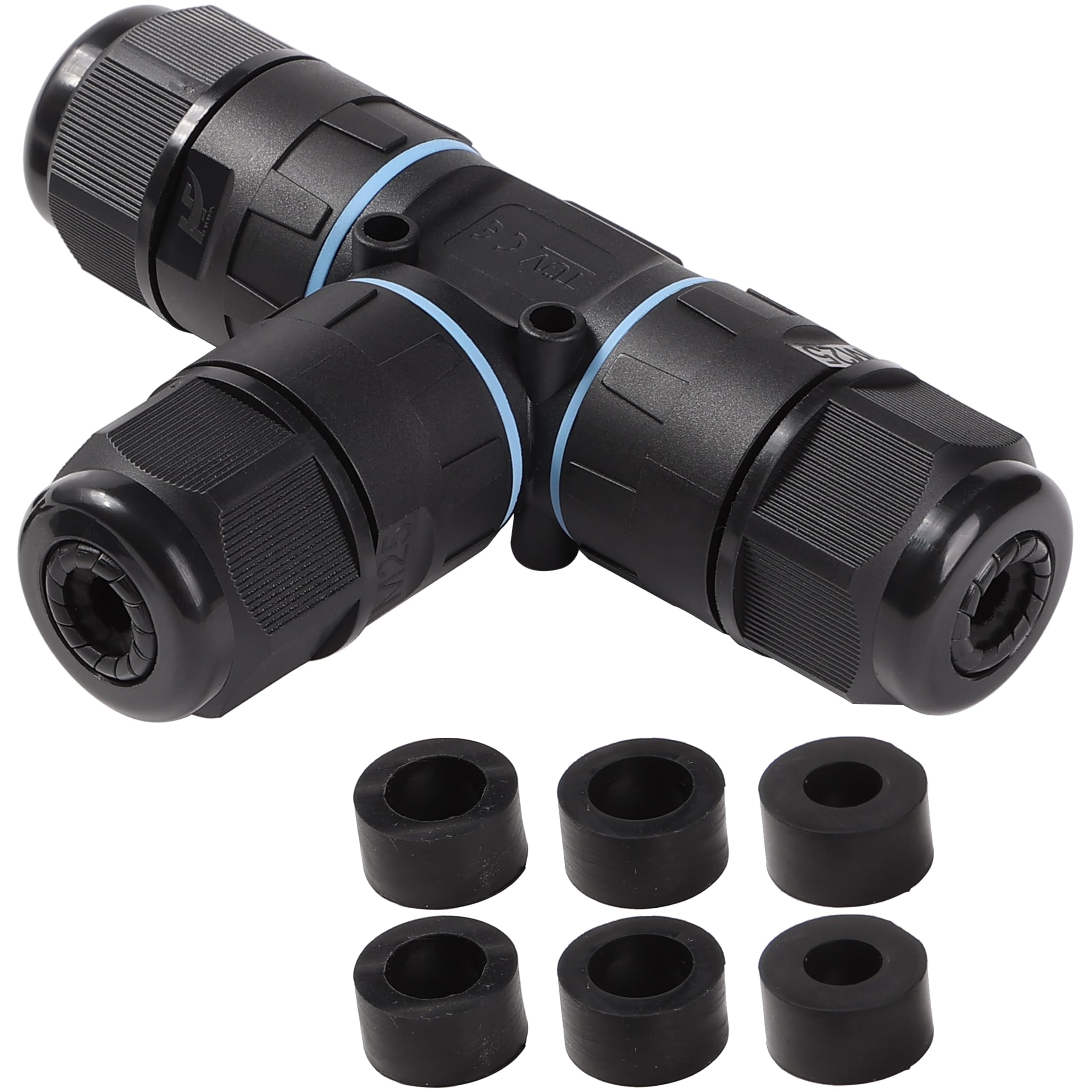 Electraline 71738 Connettore Stagno a forma di T, 5 Poli, 3 Vie, Ideale per giardini e spazi esterni, Per cavi esterni IP68