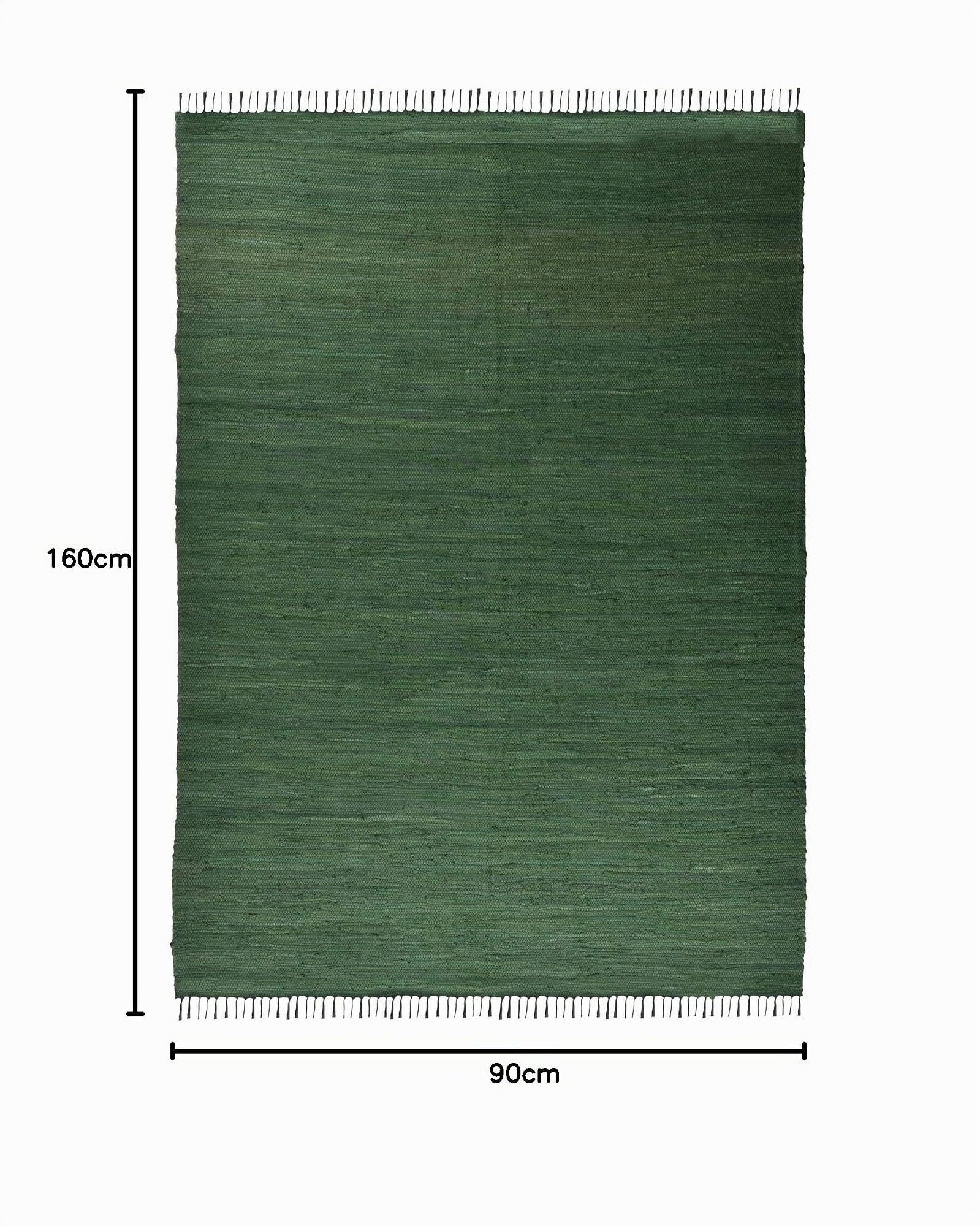 Theko Dhurry | Fleckerl | Flachgewebe-Teppich aus 100% Baumwolle; handgewebt, waschbar, beidseitig verwendbar | 90 x 160 cm; Dunkelgrün | Happy Cotton