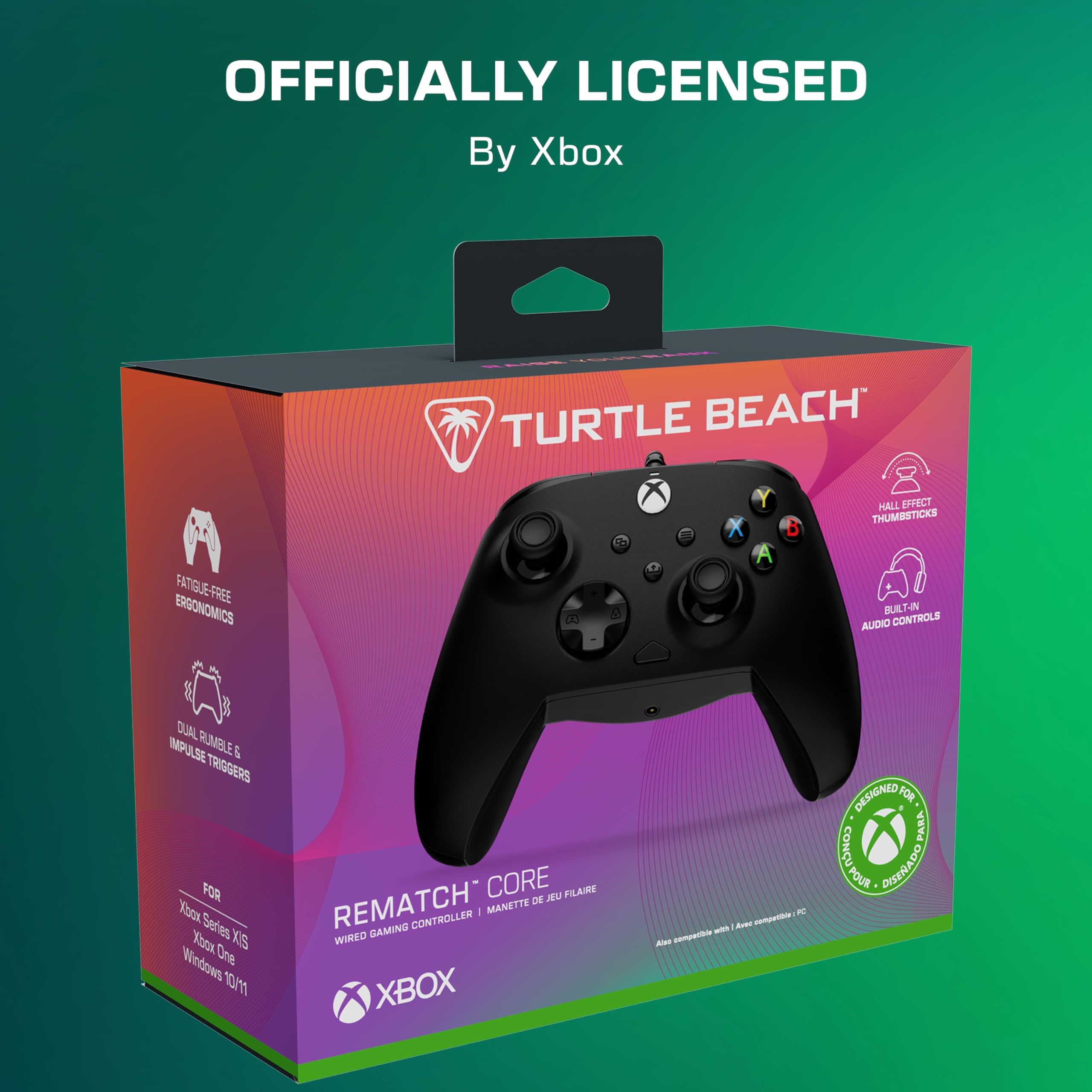 Turtle Beach Przewodowy kontroler gier Rematch Core: oficjalnie licencjonowany dla Xbox Series X|S, Xbox One i Windows 10/11 PC - pałeczki z efektem Halla, sterowanie audio, silniki Rumble i