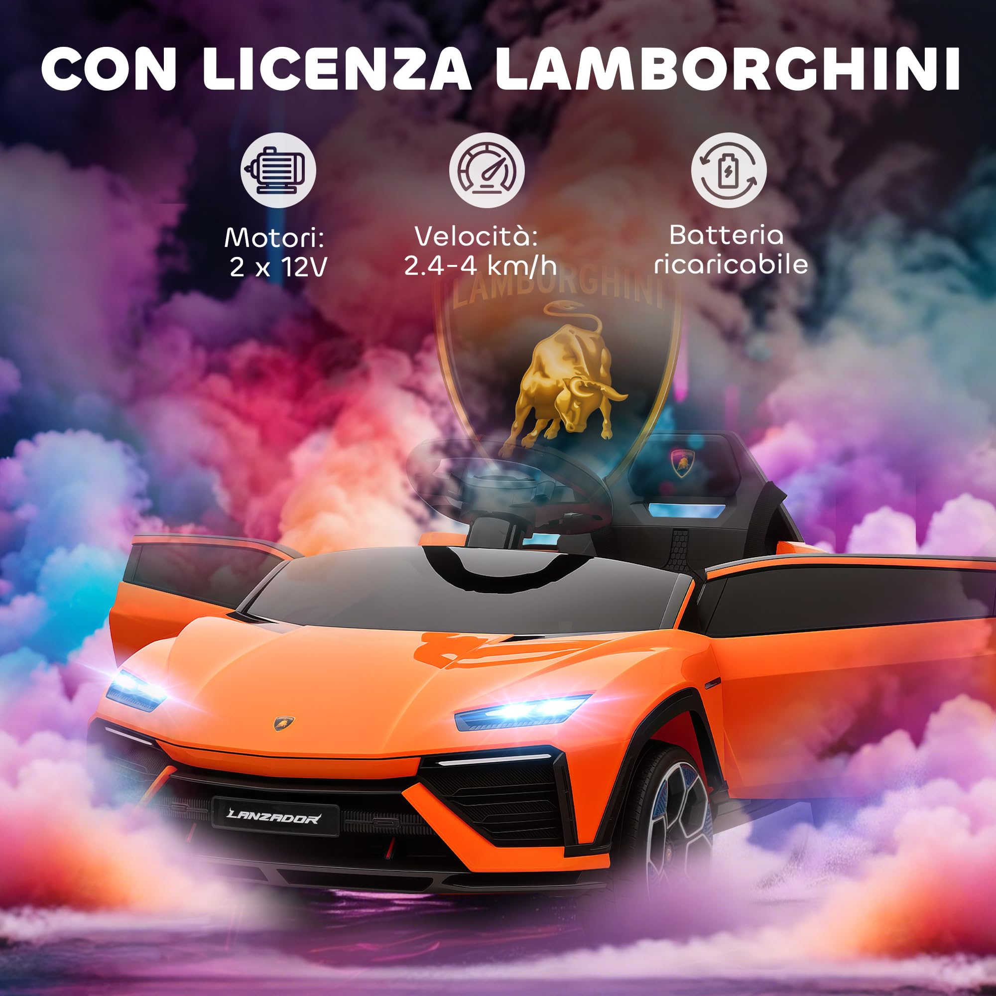 AIYAPLAY Macchina Elettrica per Bambini 3-8 Anni Lamborghini con Porte a Forbice, 12V Auto Elettrica per Bambini con 2 Motori, Sospensioni, Telecomando, MP3, Musica, Rotelle e Maniglia, Arancione