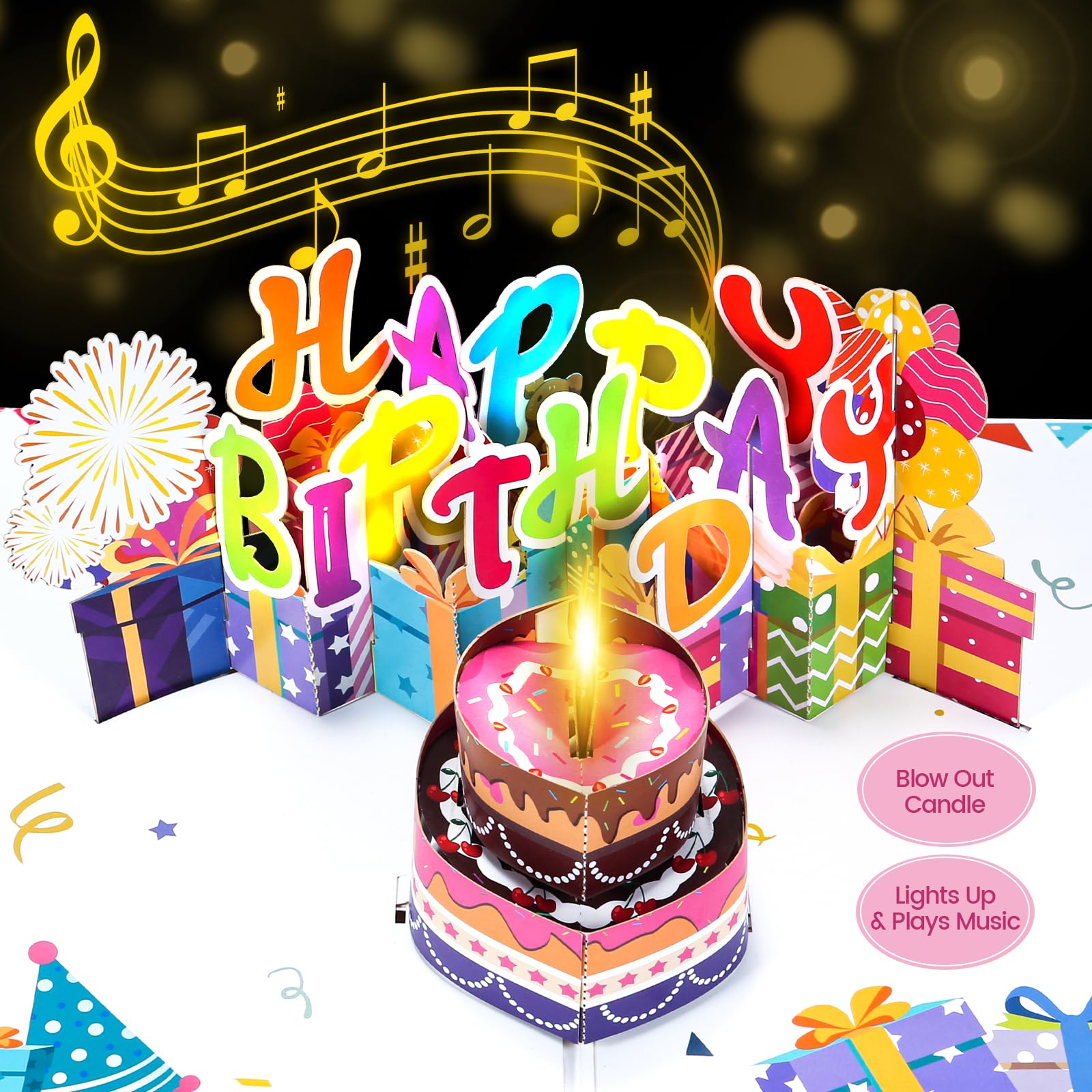 Musical Birthday Cards3D PopUp Cards Blowable LED Light Candle Cake Music Happy Birthday Card Postcards Greeting Cards for Women Man Mom Wife Husband Boy Girl Friend Kids product thumbnail 2