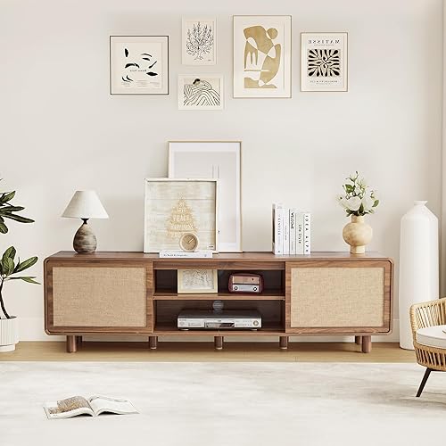 Miniatura 7 de Soporte de TV grande para televisores de hasta 80 pulgadas, centro de entretenimiento moderno de mediados de siglo con almacenamiento y puerta de