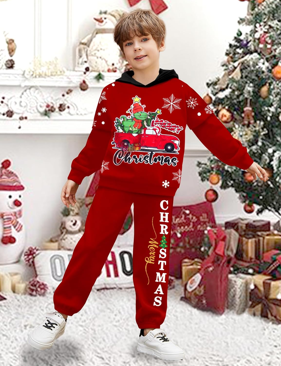 Toddler Boy Christmas Outfit 3t 4t Christmas Outfit Boys Dinosaur Printed Long Sleeve Hoodie Pant Sets Fall Winter Red - Image 2