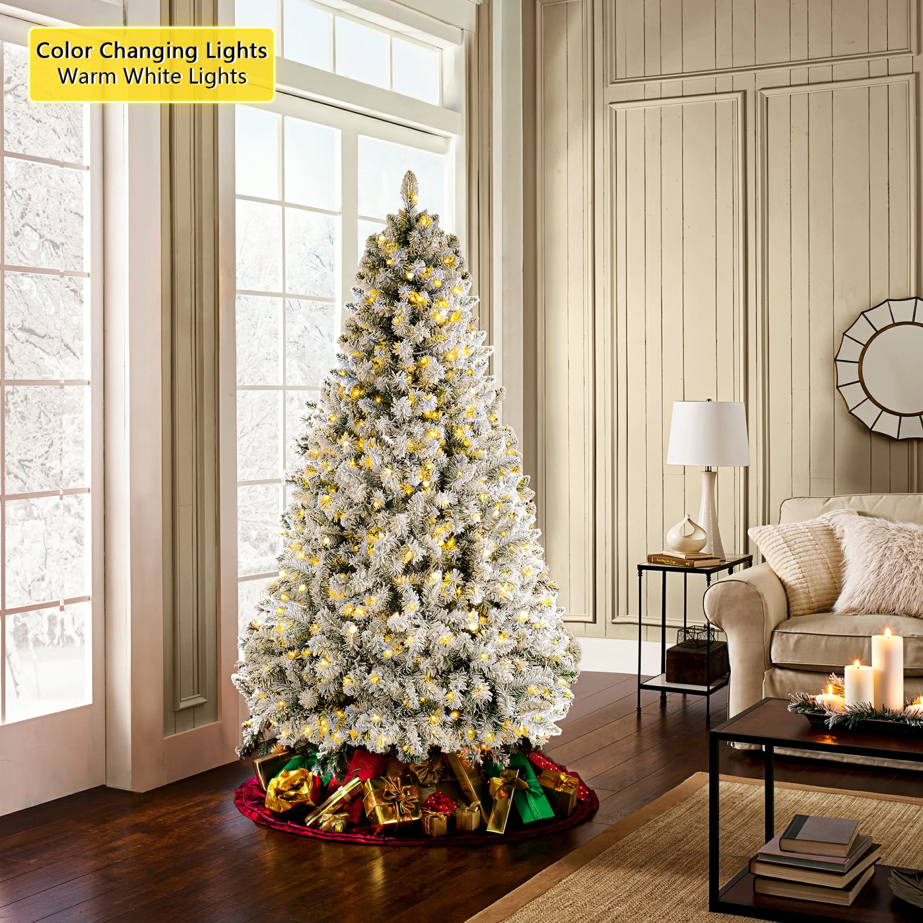 SHareconn 6ft Premium Prelit Artificial Hinged Snow Flocked Christmas Tree, with Warm White & Multi-Color Lights, Full Branch Tips, First Choice Decorations for X-mas Holiday, 6 FT