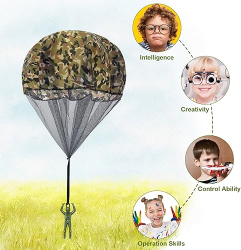 Miniatura 5 de 12 piezas de juguete de paracaídas, paracaídas de camuflaje para hombre, juguete para lanzar sin enredos, lanzar a mano, regalos voladores al aire