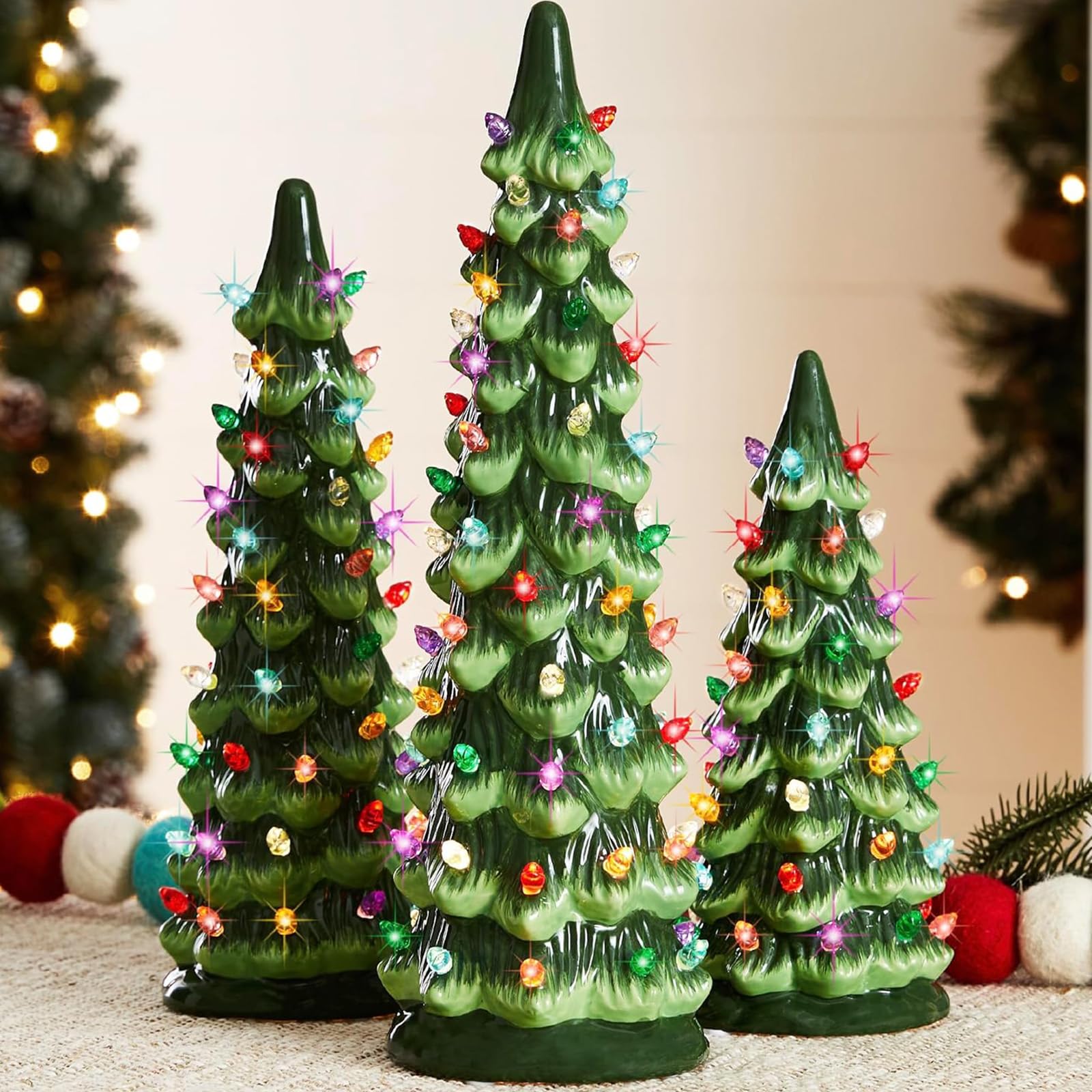 3 árboles de Navidad de cerámica de mesa, retro pintados a mano con temporizador, decoración navideña preiluminada, bombillas LED amarillas, adorno de festival de fiesta en casa