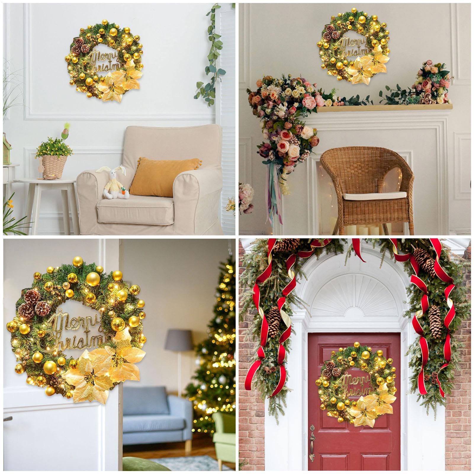 Guirnalda de Navidad con Luces, Guirnalda de Navidad iluminada | Guirnalda para Puerta de Navidad,Guirnalda navideña para Exteriores de 15,75 Pulgadas Decorada con de Colección navideña para
