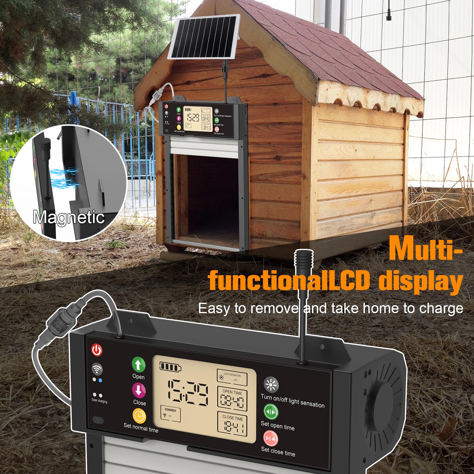 Puerta automática de pollo solar de aluminio, tapa eléctrica para pollos con aplicación WiFi, sensor de luz, temporizador, mando a distancia, pantalla LCD, batería de 4000 mAh y protección contra