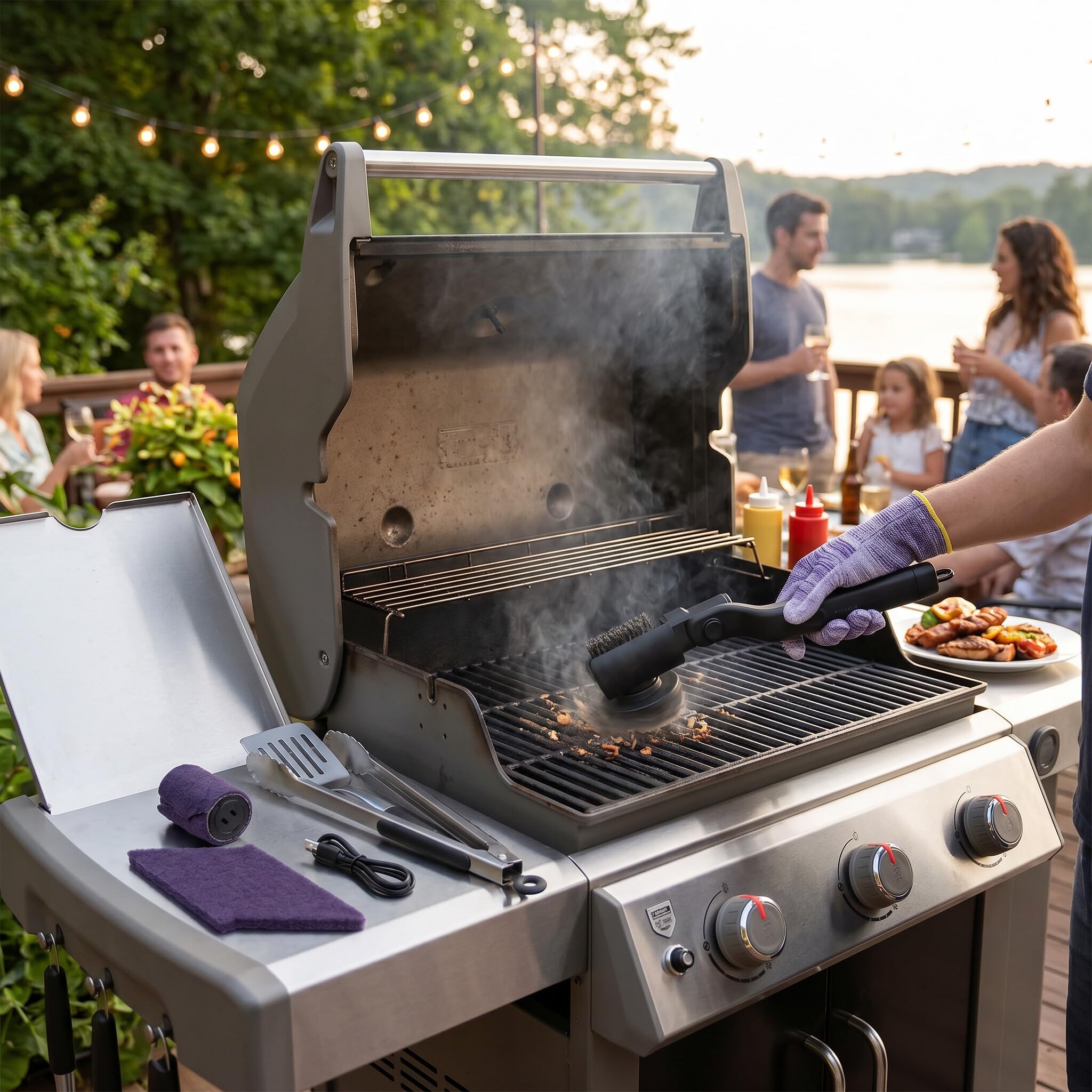 RIZGHWOY Elektrische Grillbürste, Wiederaufladbare Kabellose Grill-Reinigungsbürste mit 2600-mAh-Akku und Stabilem Bürstenkopf, für Camping Im Freien und Alle Arten von Grills