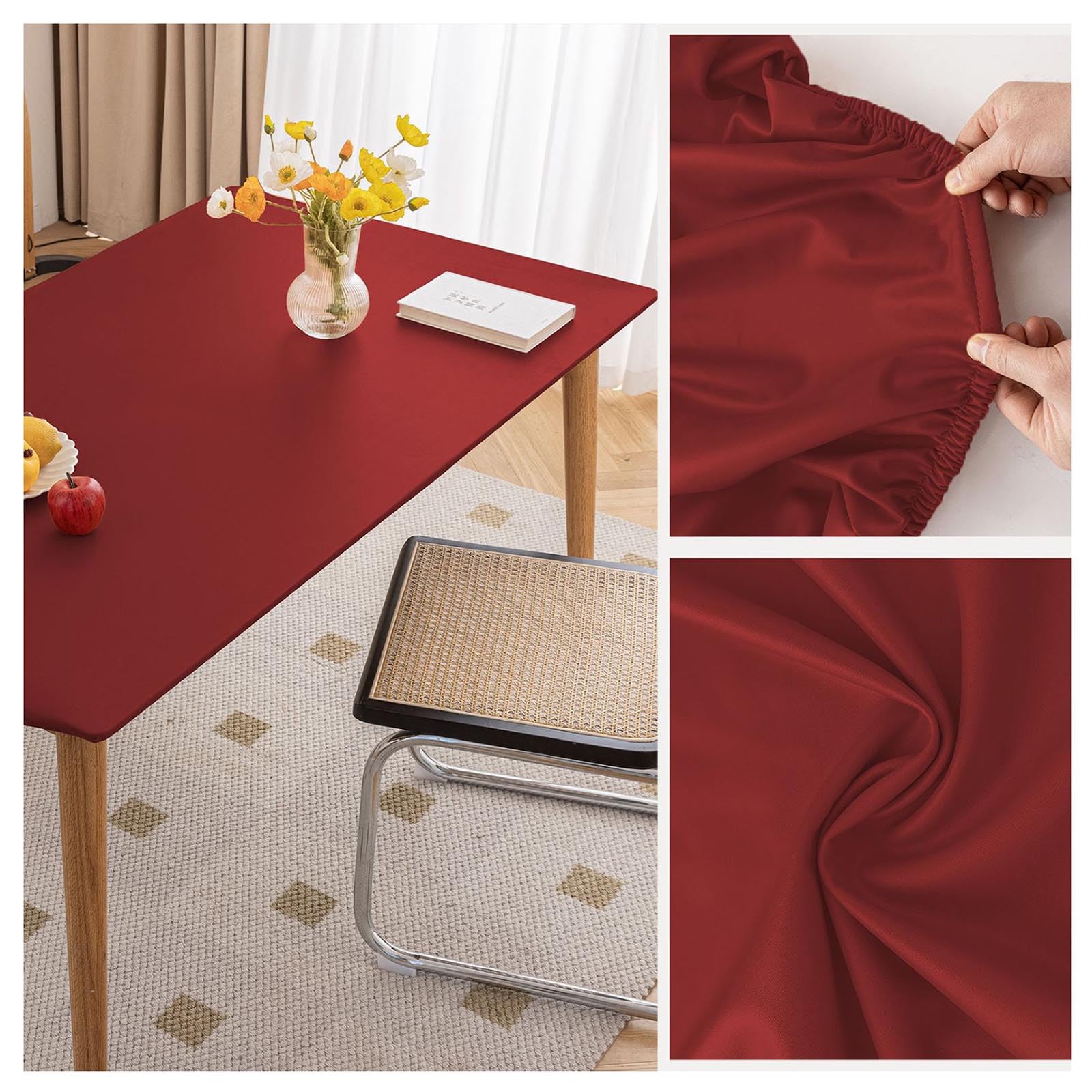 Nappe de Table en Cuir avec Bord Élastique Antidérapante, Nappe Rectangulaire Impermeable, Tapis de Protection en Simili Cuir pour Table Terrasse, Jardin, Manger, Basse, Extérieur(90x180cm,Burgundy)