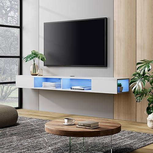 Miniatura 2 de WAMPAT Estante flotante de TV de 70 pulgadas con luz LED azul, soporte de TV flotante blanco montado en la pared con almacenamiento para TV de 75