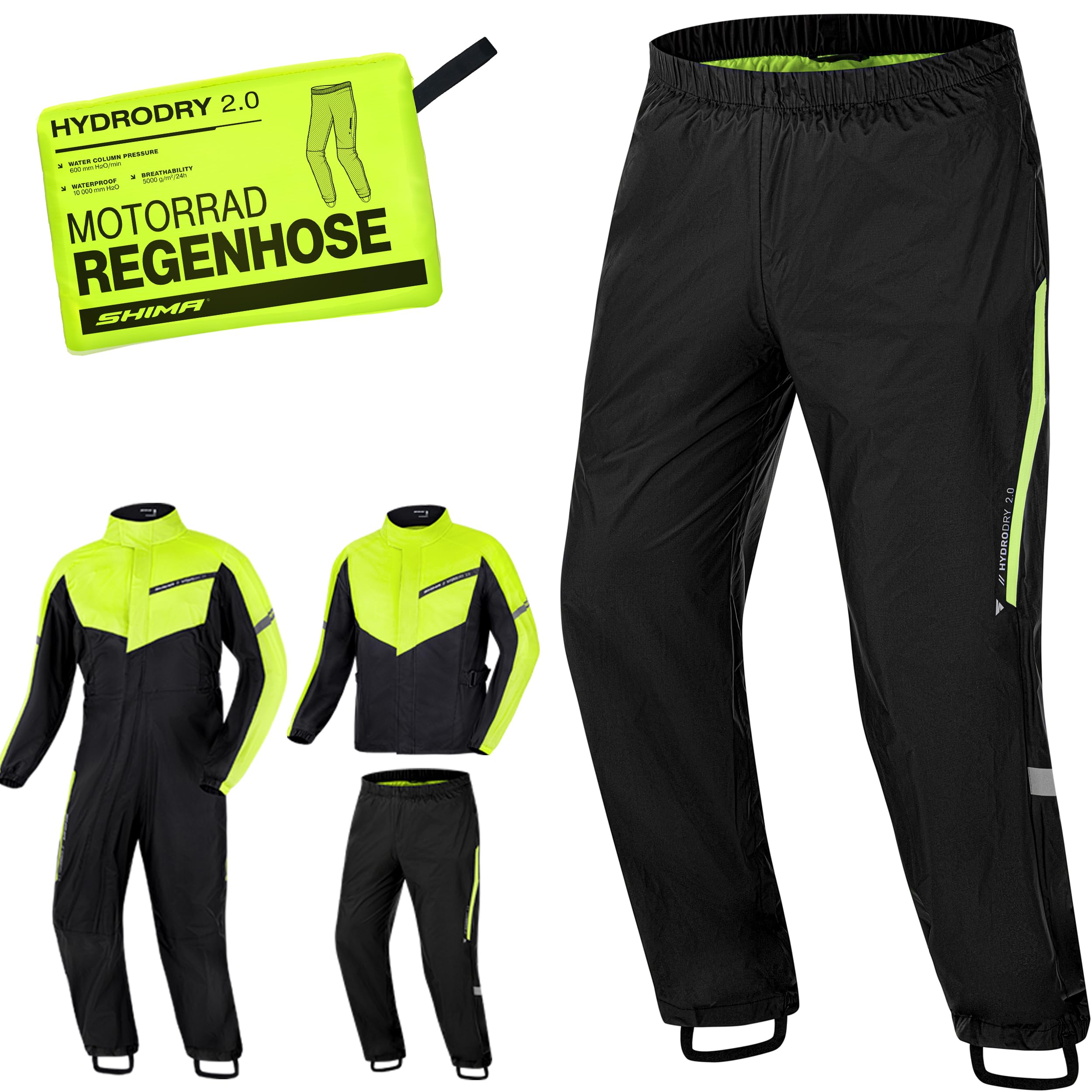SHIMA HYDRODRY 2.0 Motorrad Regenbekleidung Hose Wasserdicht Reflektierend Damen Herren Set für Regenkombi Waterproof Regenschutz Atmungsaktiv Motorradkombi (Hosen Unisex, Fluo, S)