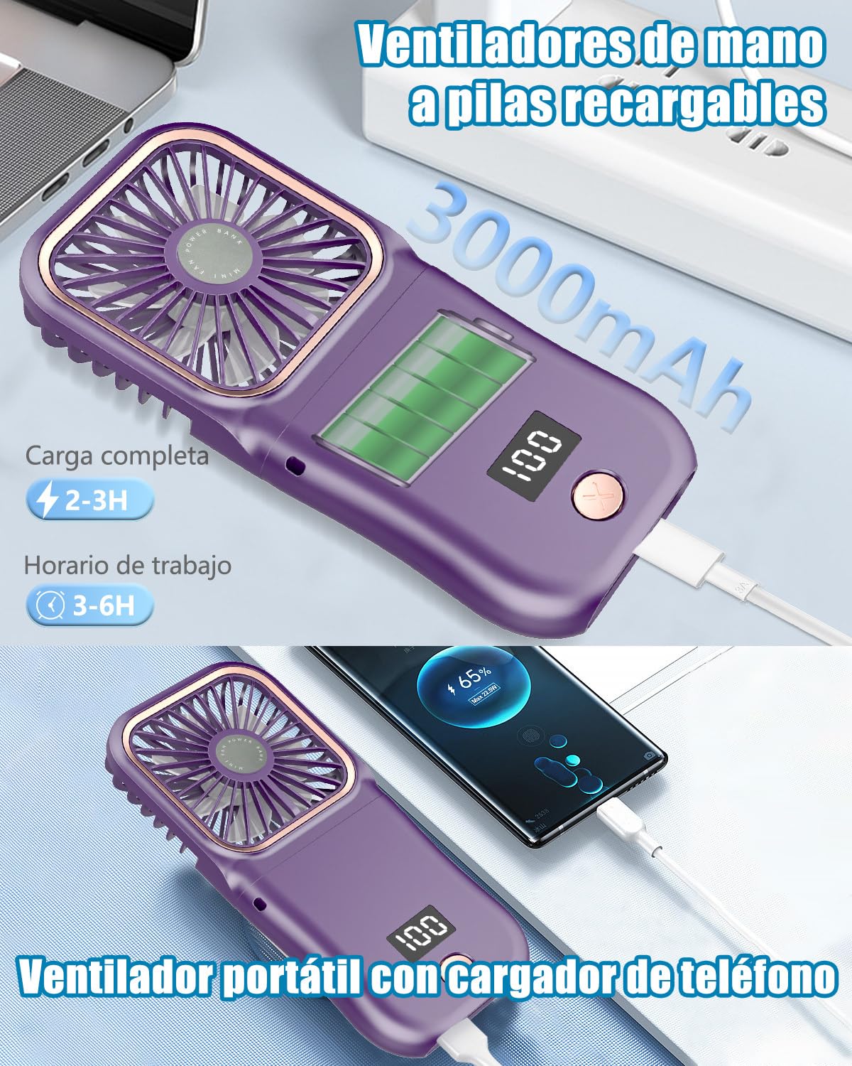 DDKJ Ventilador de Mano Recargable,Plegable 180° Ajustable,3 Velocidades,7 Horas,Pantalla Digital,Mini Ventilador Portatil para Viajes/Oficina/Actividades al Aire Libre-Morado