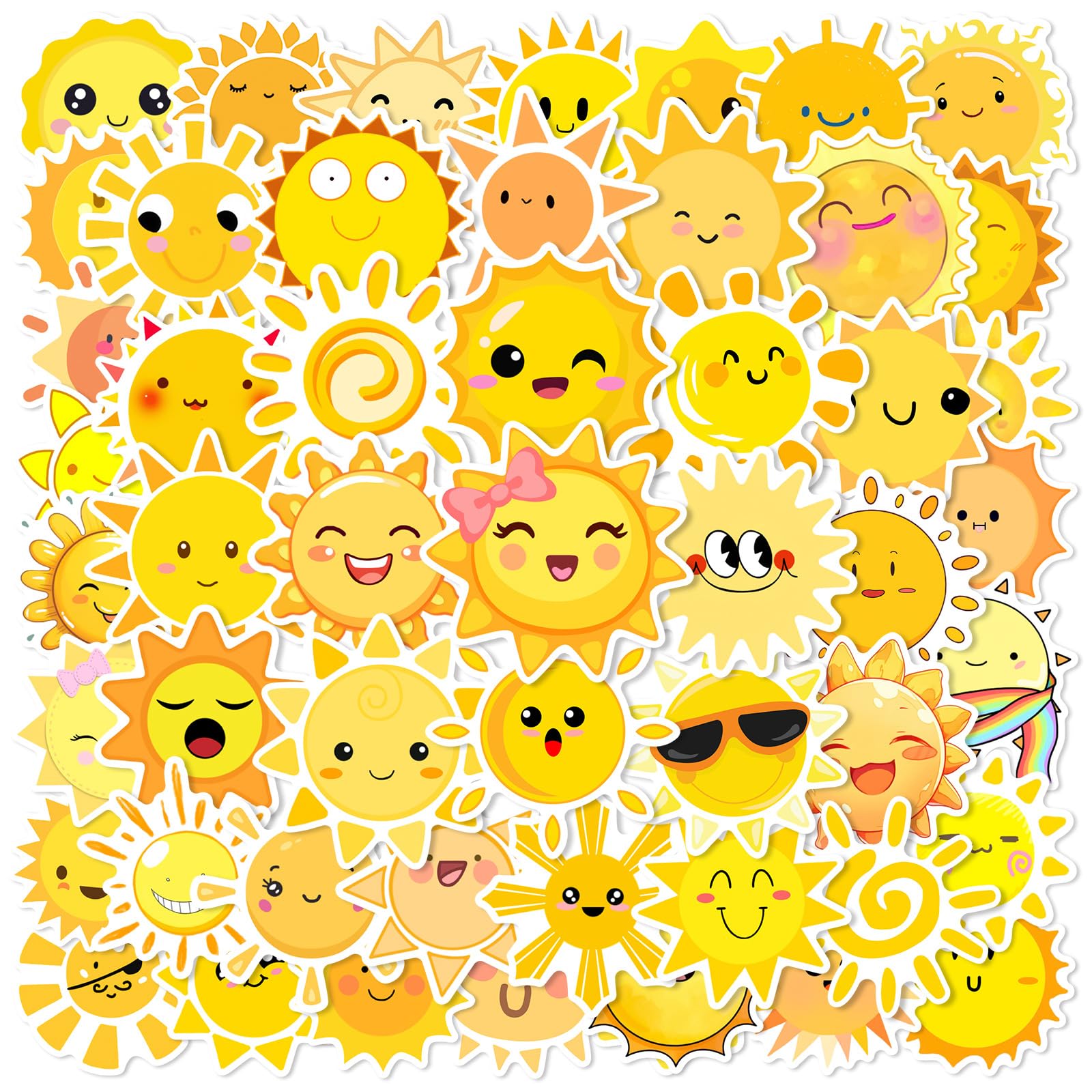 Sunshine Stickers Pack - 50 Cute Cartoon Suns for Kids, Water Bottles, Laptops, Scrapbooks & Parties (Waterproof)