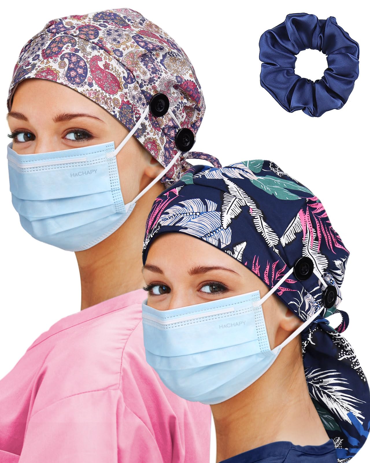 Satin Lined Scrub Cap for Women Extra Large Long Hair Surgical Nurse Cap 4 Buttons