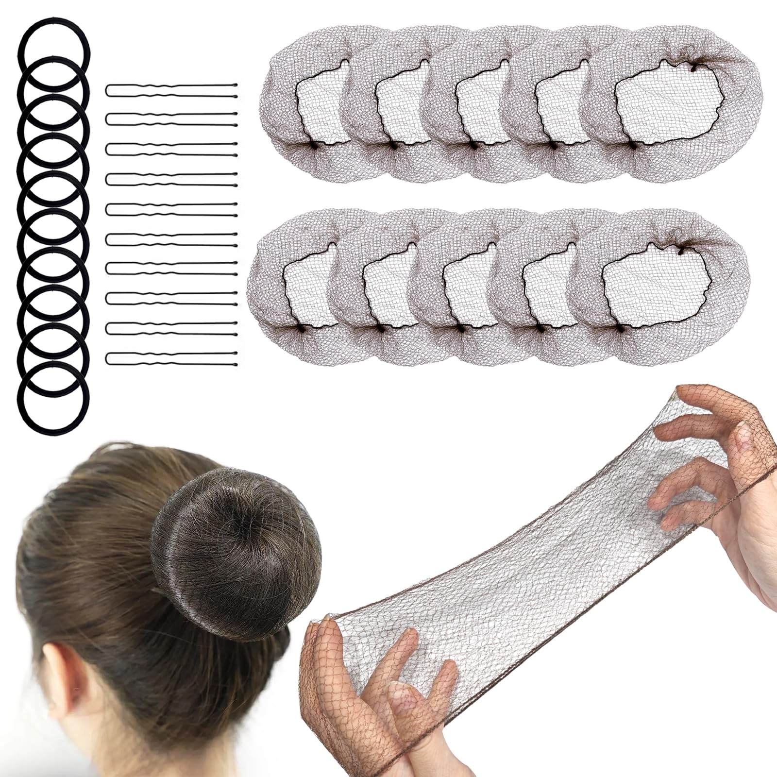 Retina per Capelli Chignon 30 Pezzi con 10 Elastici 10 Fermagli a U per Parrucche Acconciature