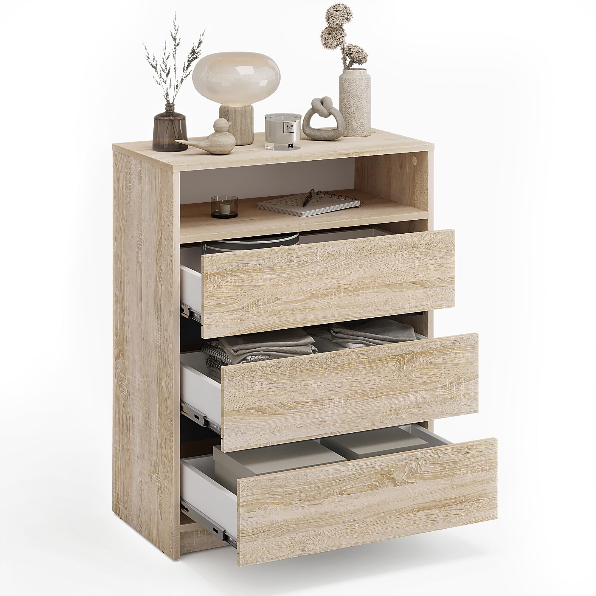 Komto Commode Chêne Sonoma – Meuble de Rangement avec 3 Tiroirs et 1 Niche Ouverte, Style Bois Clair pour Salon, Bureau ou Chambre Bébé/Enfant | Leon 70 x 37 x 90 cm (L x P x H)