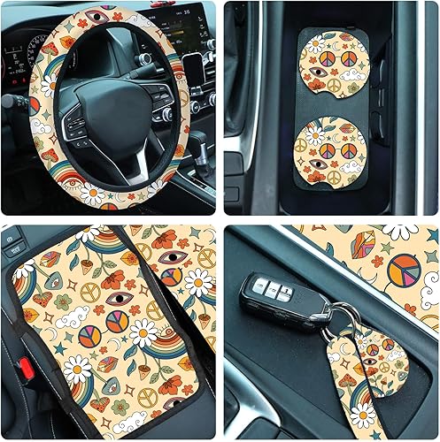 Miniatura 5 de Juego completo de 15 fundas de asiento de automóvil con diseño de estrella arcoíris para mujer, fundas de volante con margaritas, almohadillas para