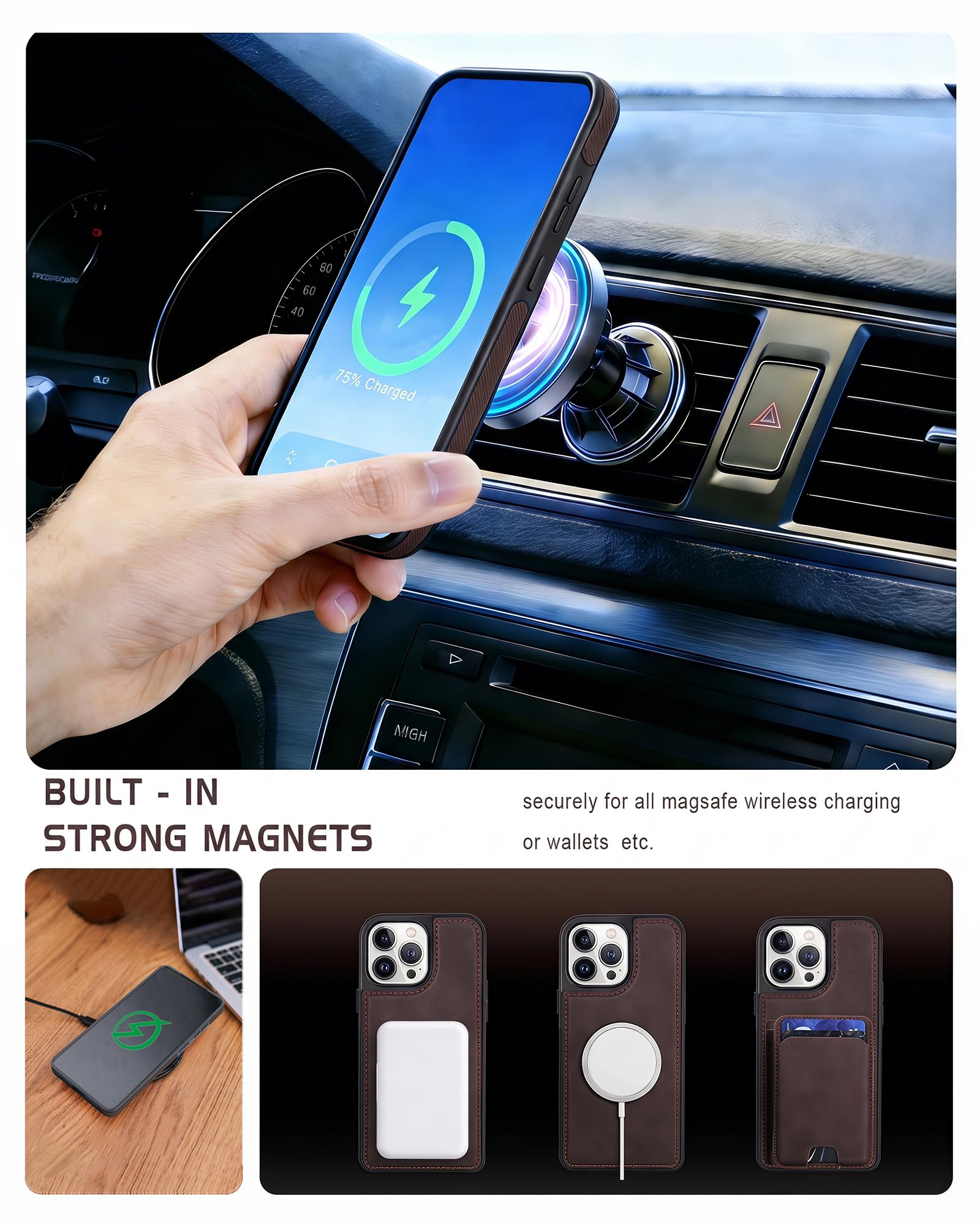 Custodia a portafoglio magnetica staccabile per iPhone 13 Pro Max con cavalletto, 2 in 1 compatibile MagSafe con blocco RFID, custodia sottile in pelle PU marrone vintage