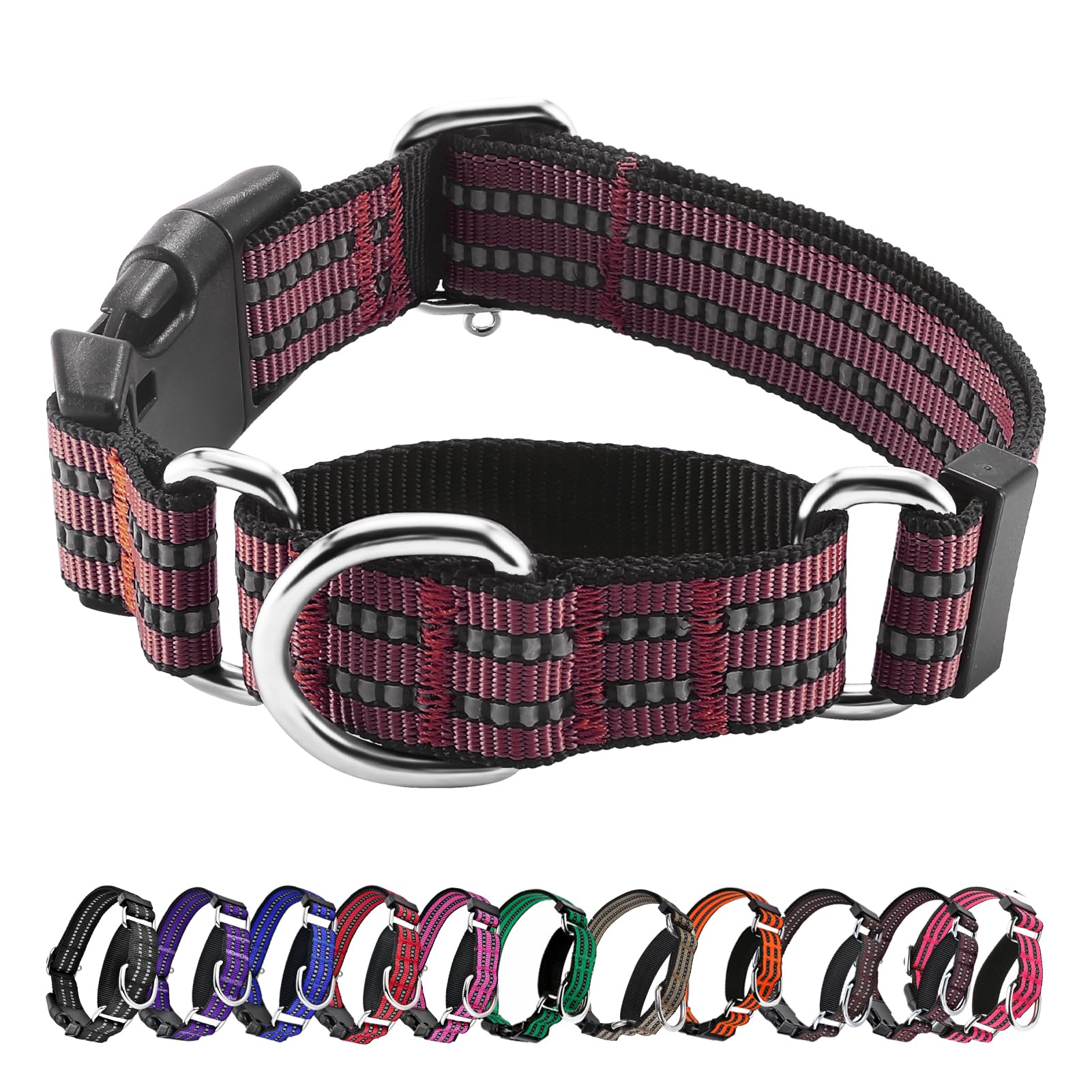 Hikiko Martingale Dog Collars Reflective Nylon Dog Collar with Quick Release Buckle Adjustable Training No Slip Dog Collar (Medium, Burgundy)