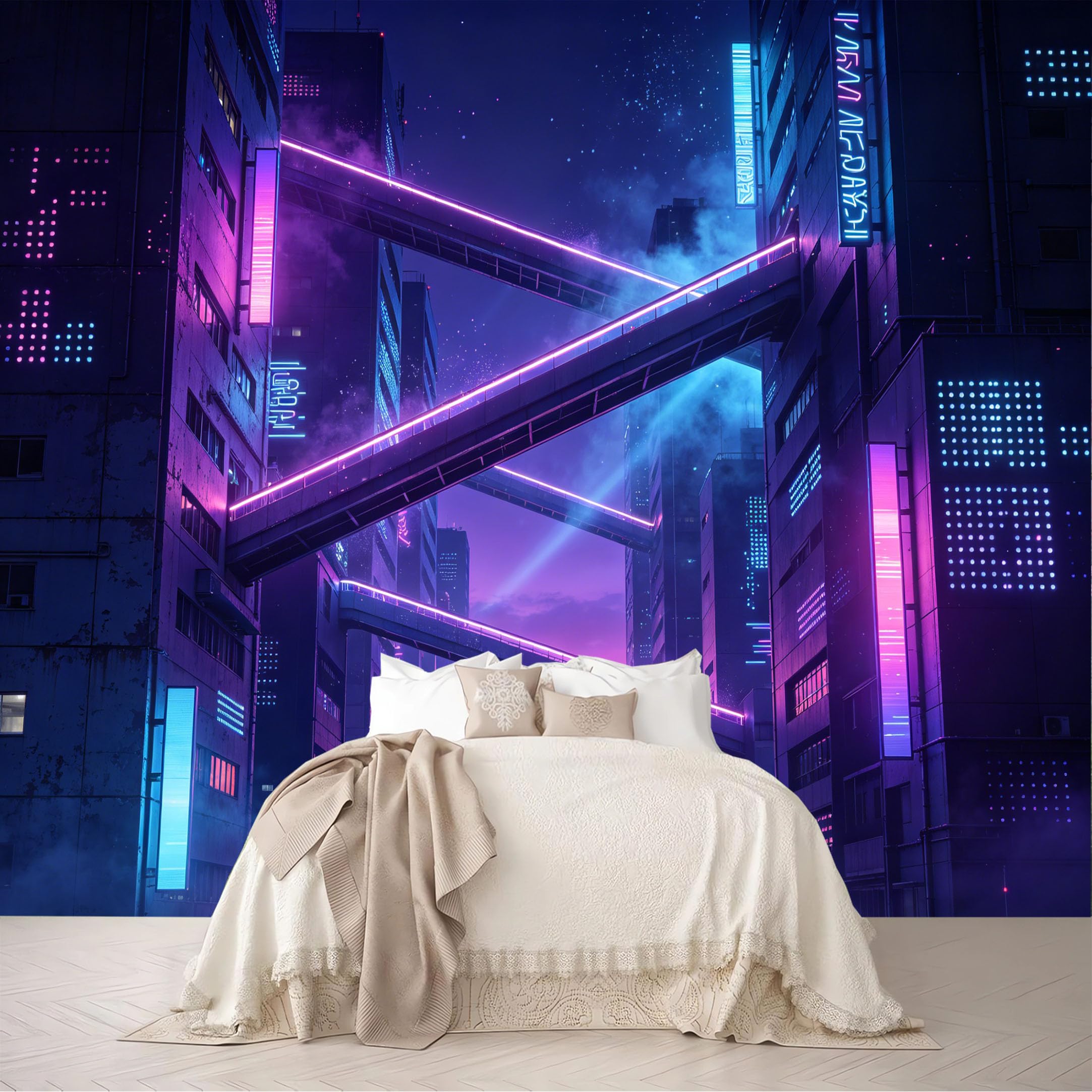 Dskjoviality Ab260706008 Custom Size Wall Mural Neon Cyberpunk City Skywalk Night Scene Removable Self Adhesive Peel And Stick Wallpaper For Bedroom Living Room Dining Room